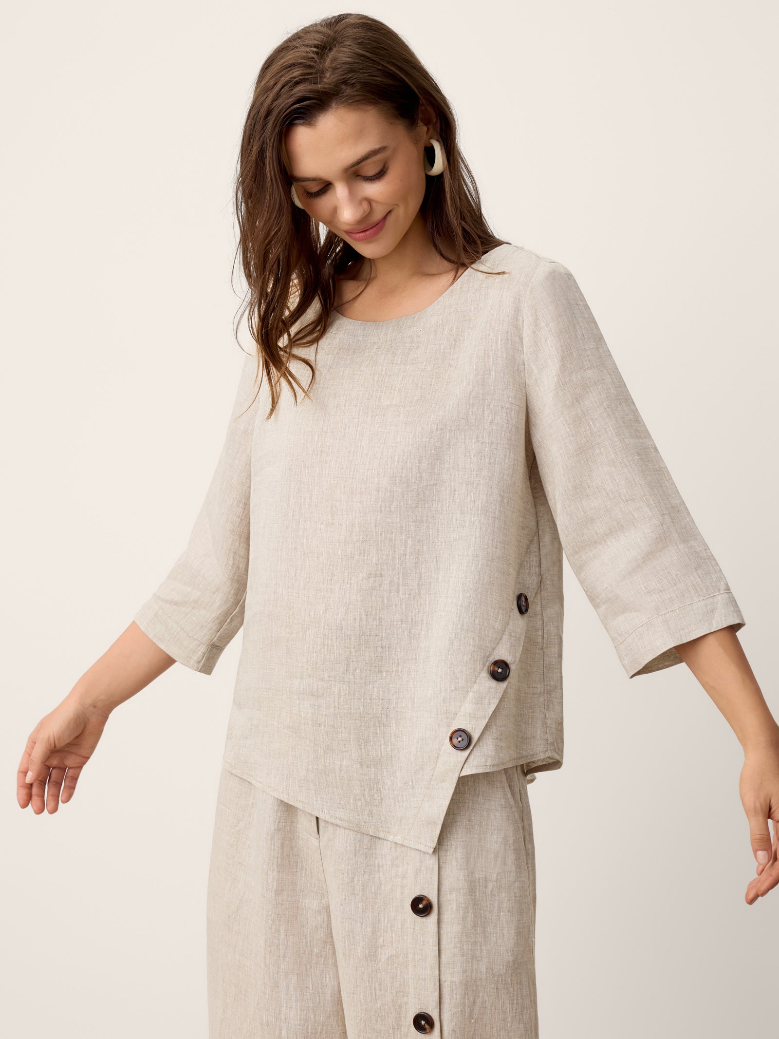 100% Linen Asymmetric-Hem Button-Trim Top NYLA DestGlow
