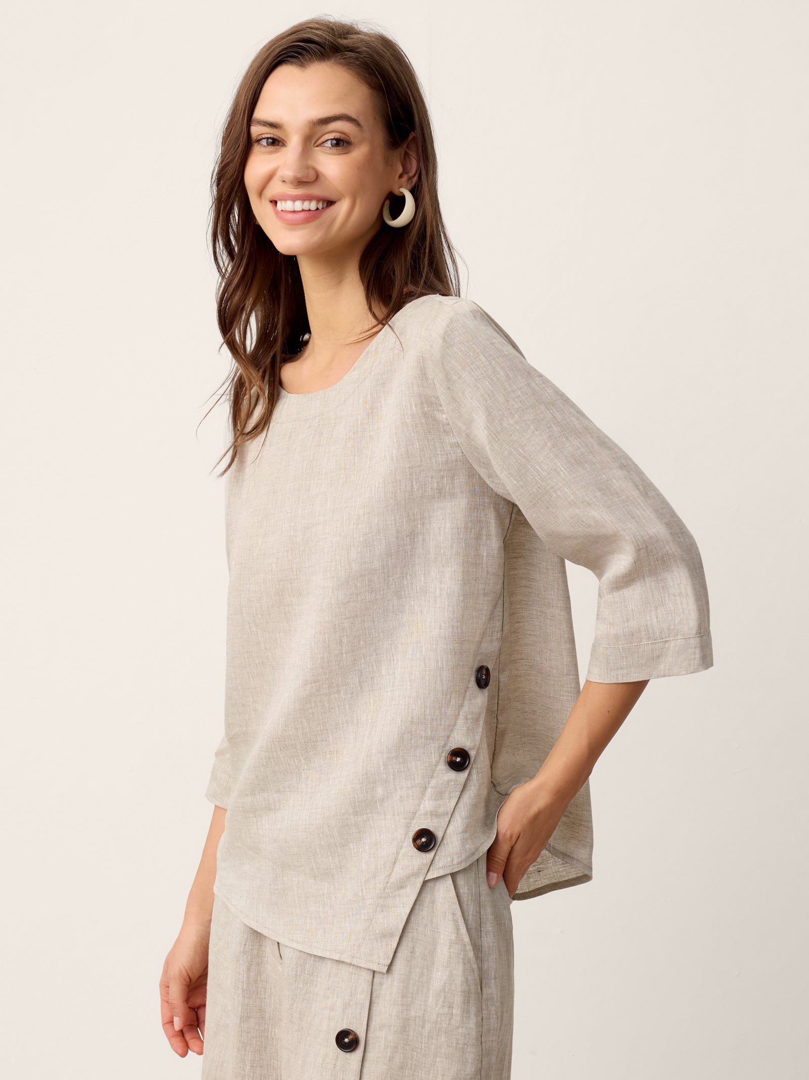 100% Linen Asymmetric-Hem Button-Trim Top NYLA DestGlow