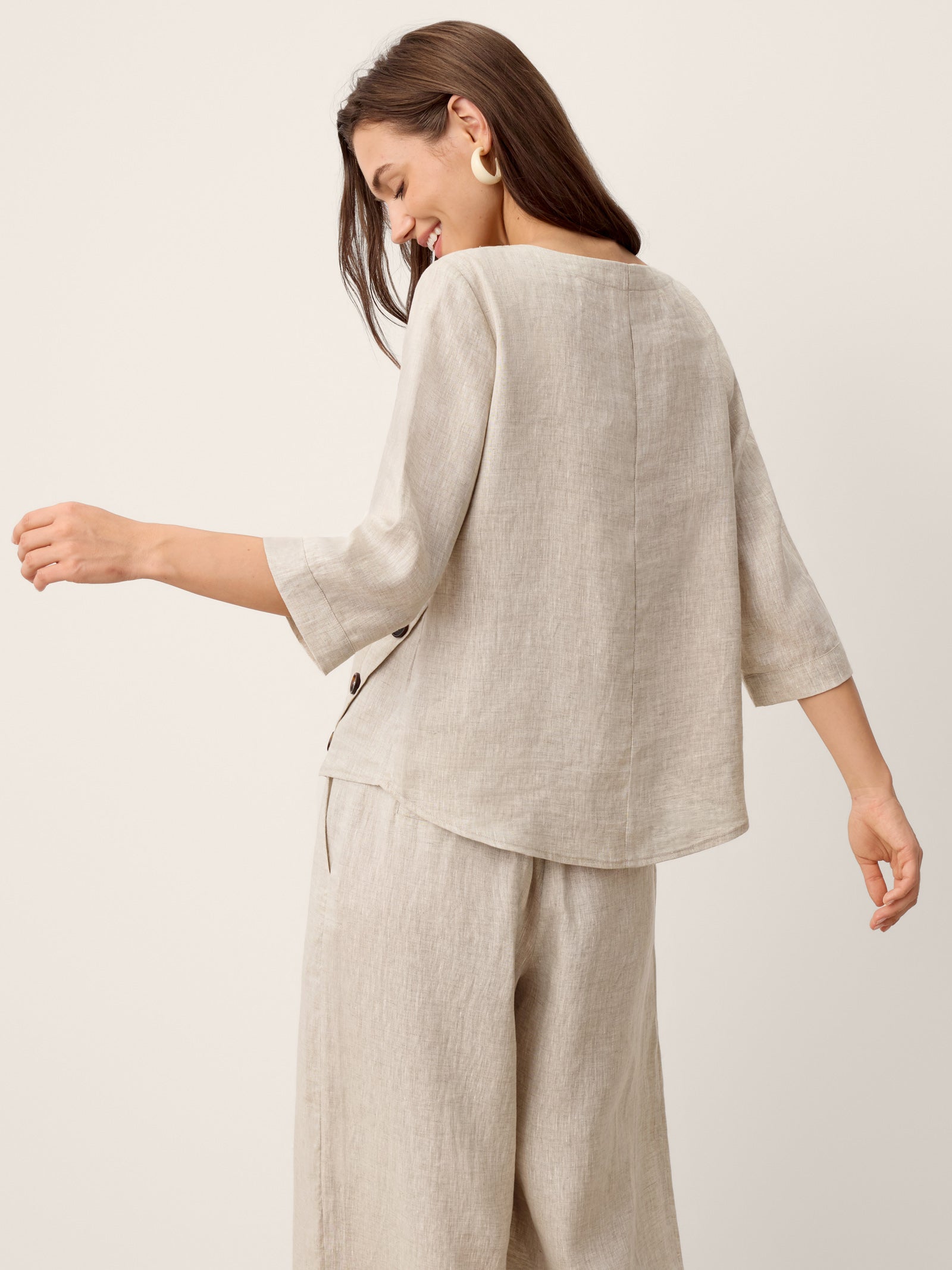 100% Linen Asymmetric-Hem Button-Trim Top NYLA DestGlow