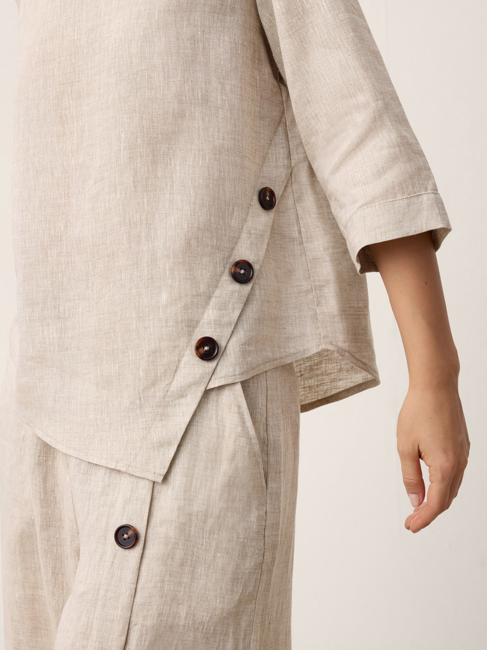100% Linen Asymmetric-Hem Button-Trim Top NYLA DestGlow