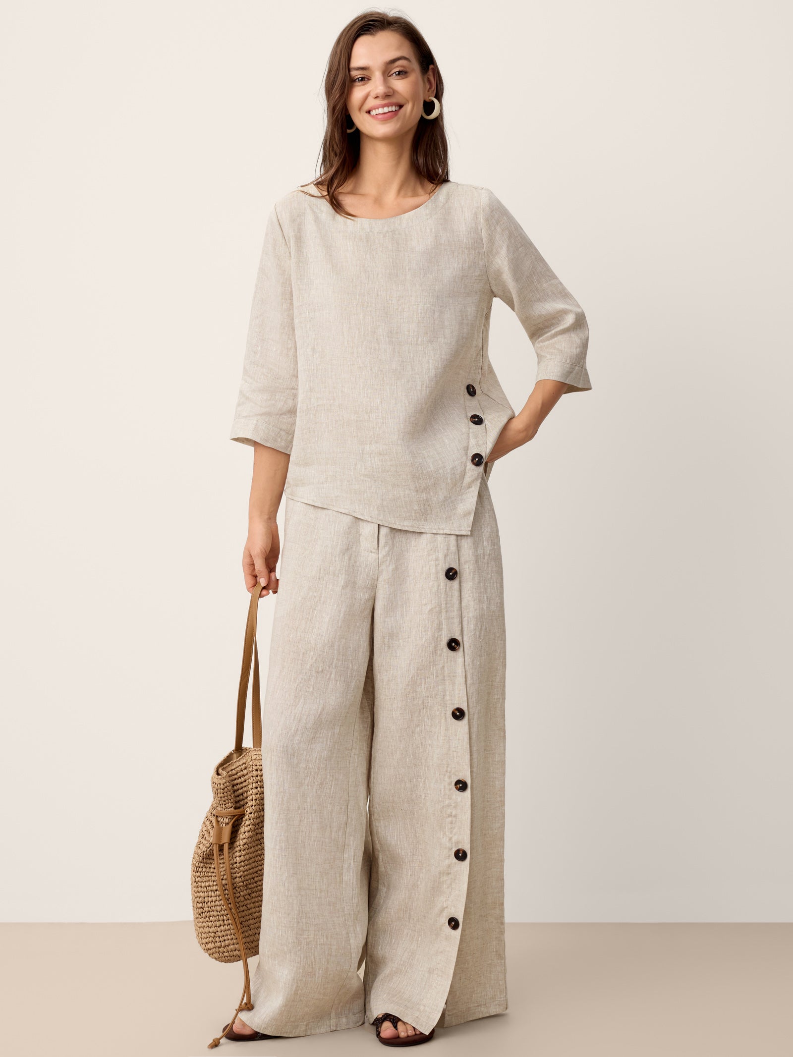 100% Linen Asymmetric-Hem Button-Trim Top NYLA DestGlow