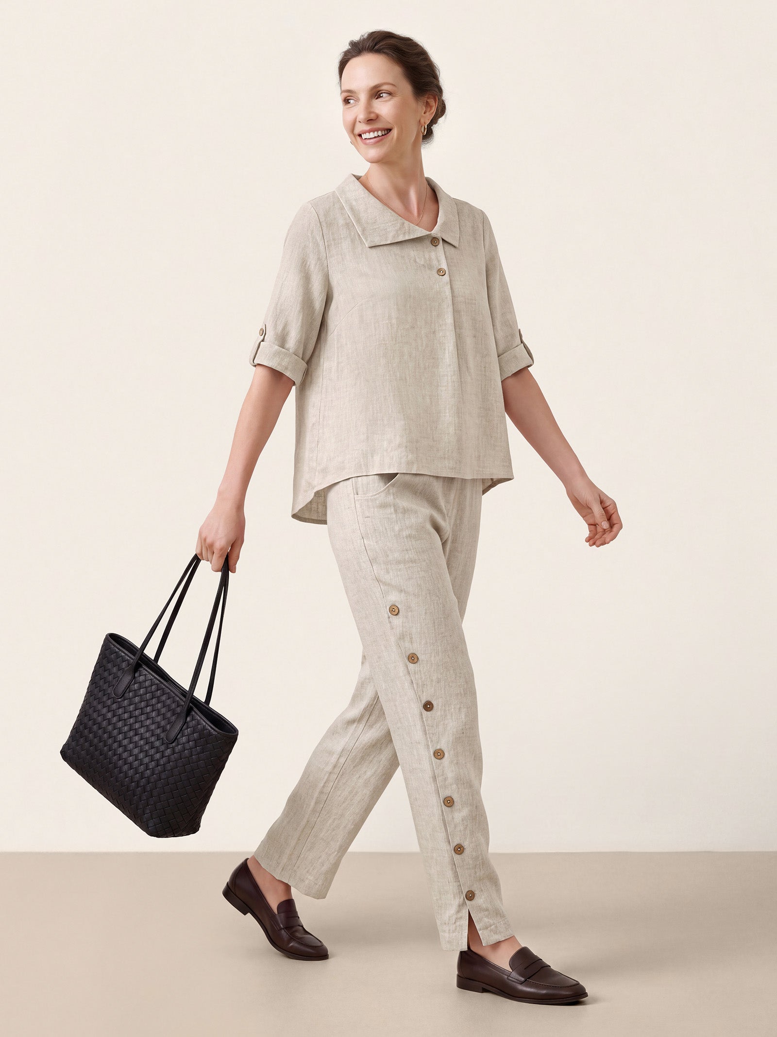 100% Linen Asymmetric Button Placket Shirt CLARISSA DestGlow
