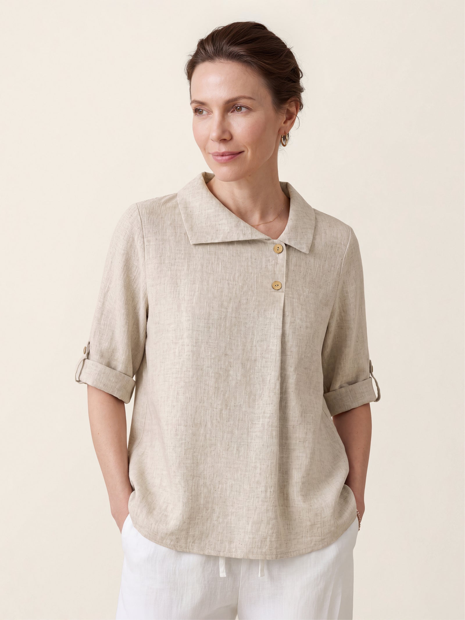 100% Linen Asymmetric Button Placket Shirt CLARISSA DestGlow