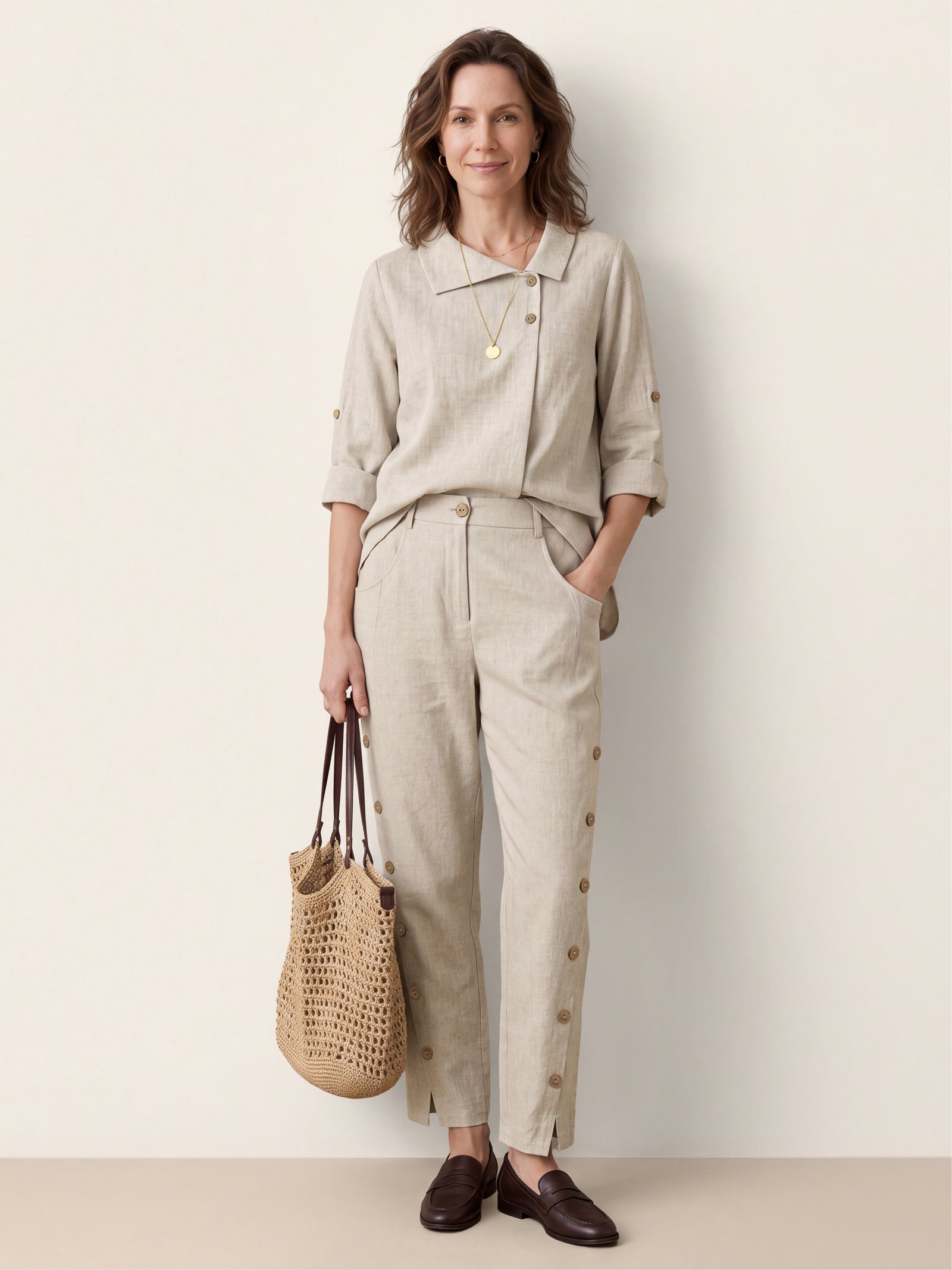 100% Linen Asymmetric Button Placket Shirt CLARISSA DestGlow
