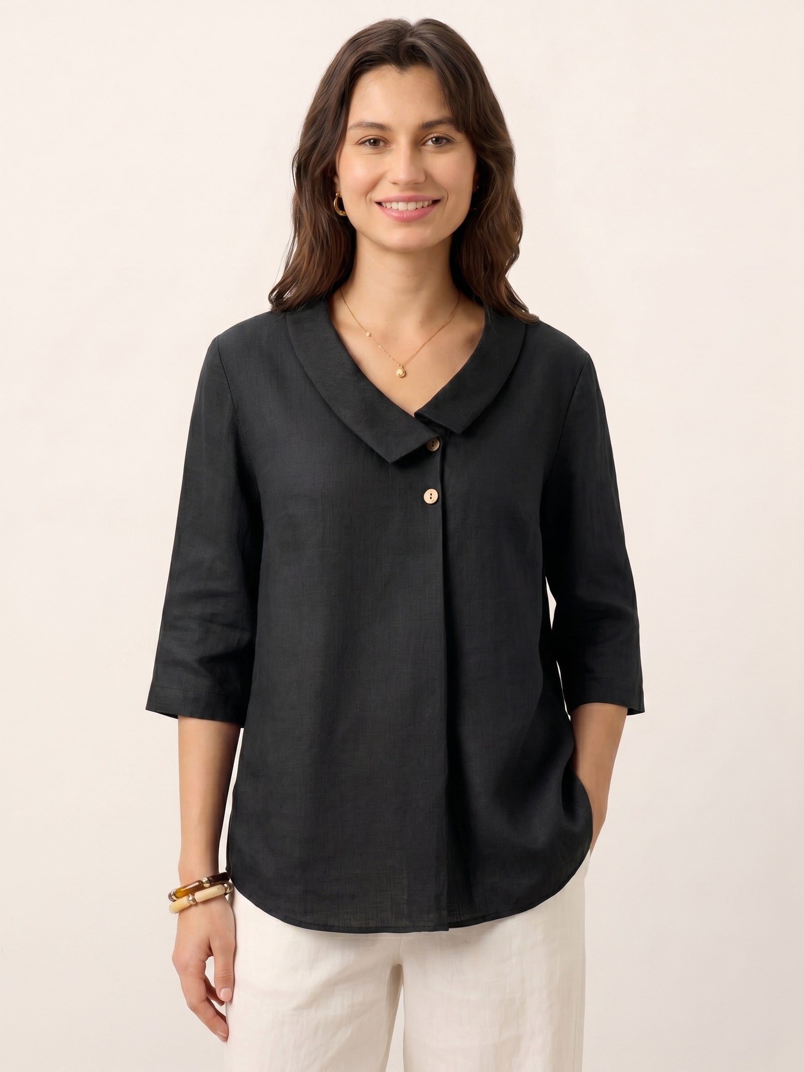 100% Linen Asymmetric Collar Inverted Pleat Top OTTILIE DestGlow
