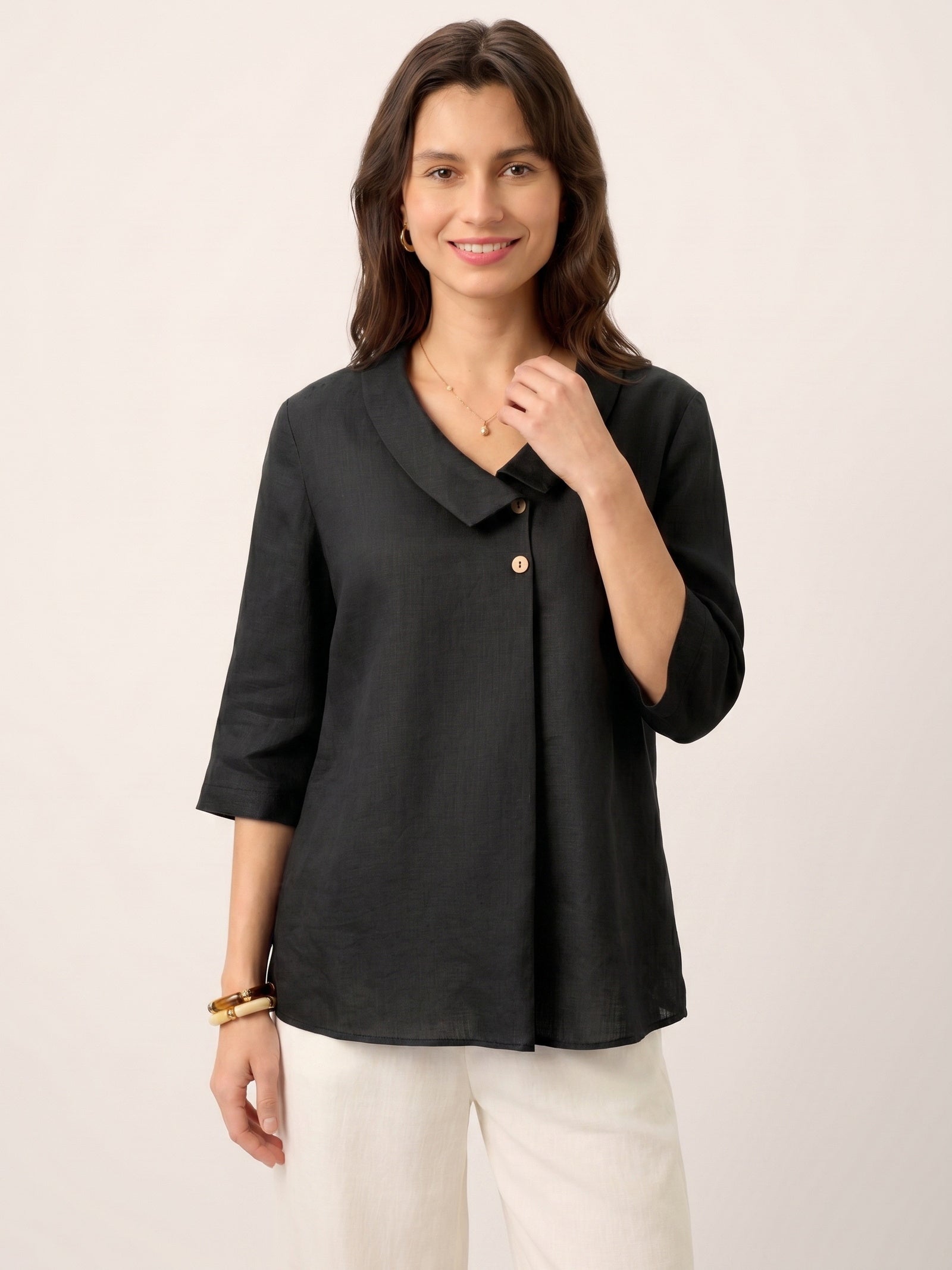 100% Linen Asymmetric Collar Inverted Pleat Top OTTILIE DestGlow
