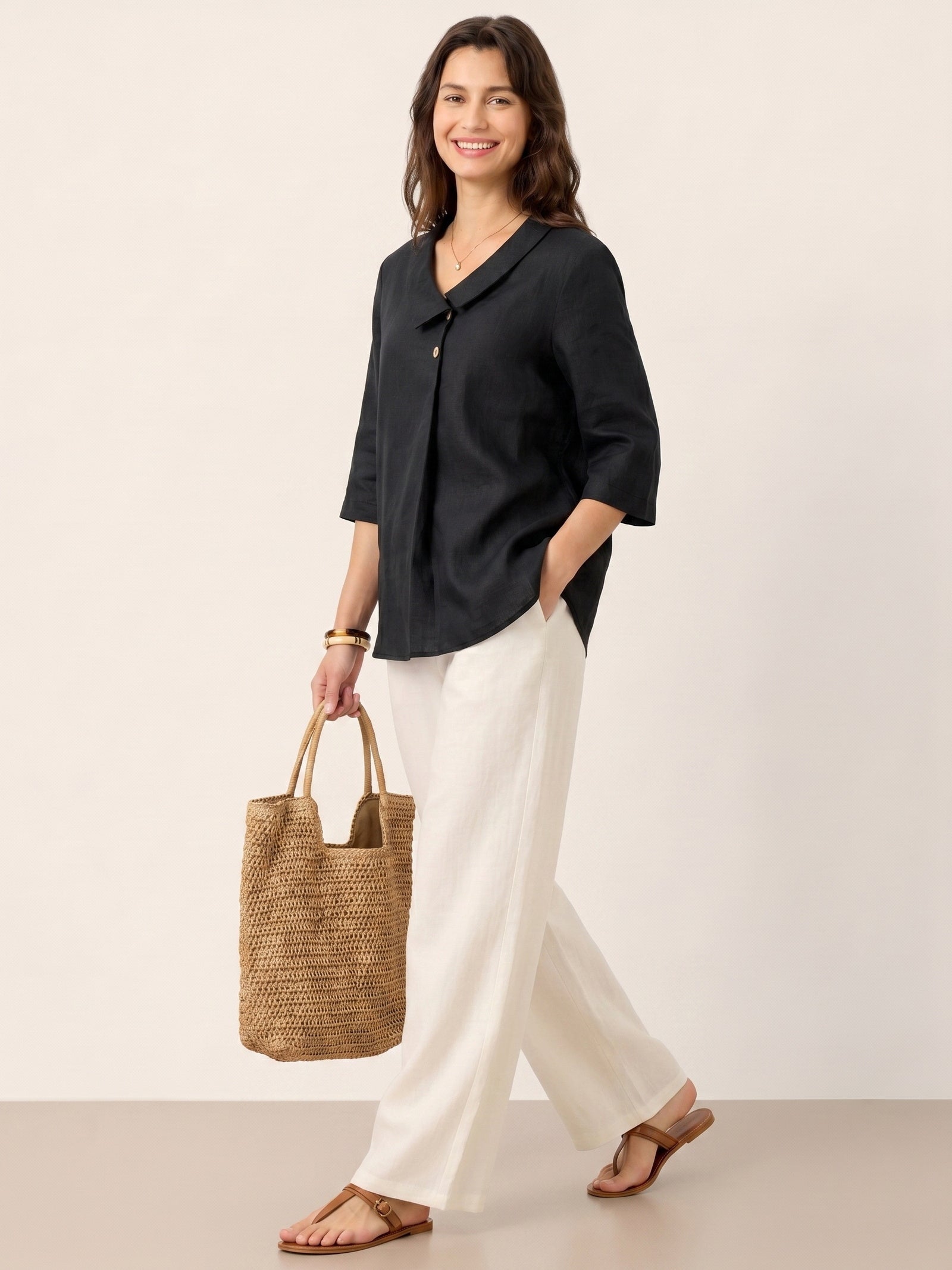 100% Linen Asymmetric Collar Inverted Pleat Top OTTILIE DestGlow