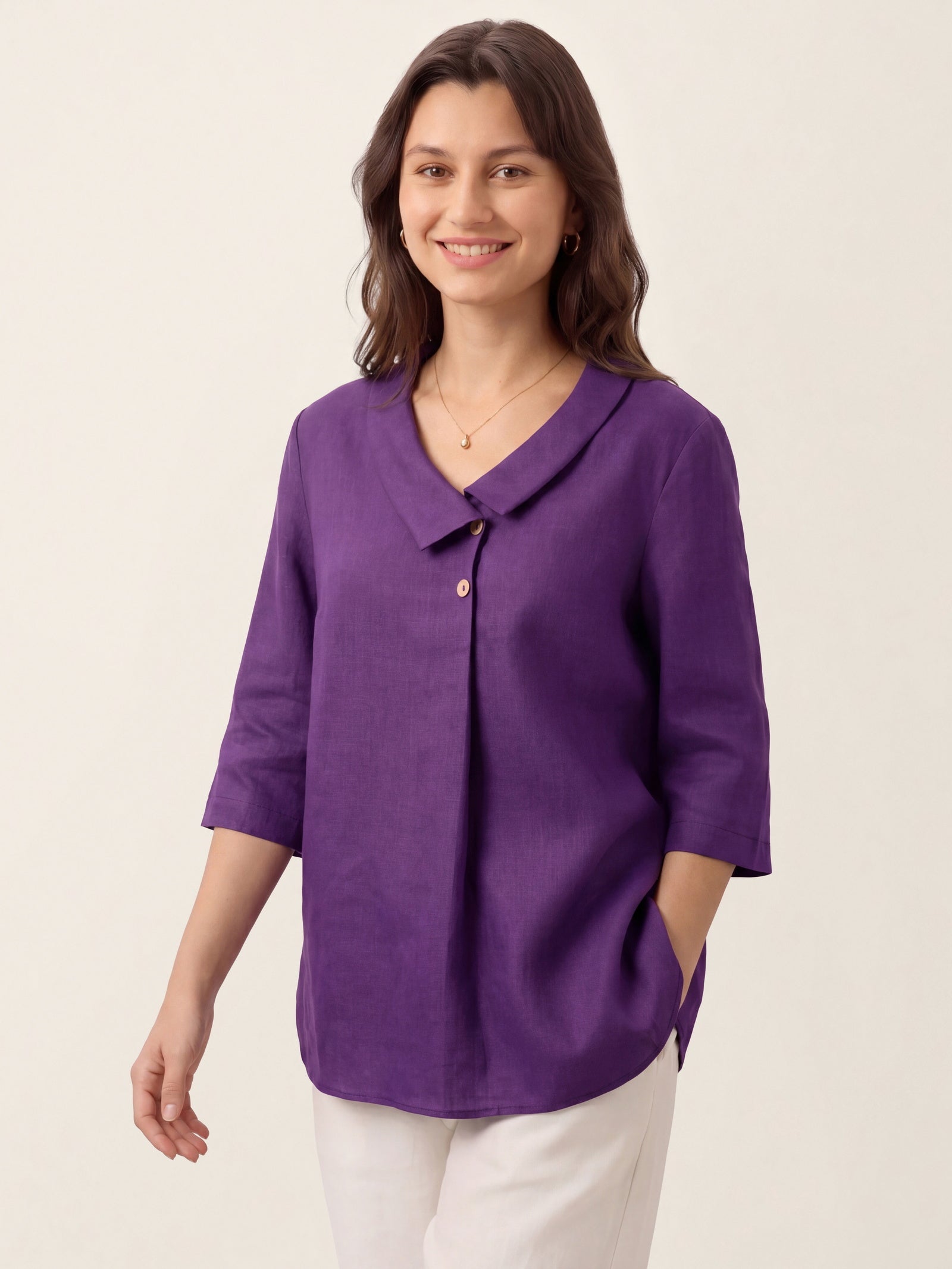 100% Linen Asymmetric Collar Inverted Pleat Top OTTILIE DestGlow