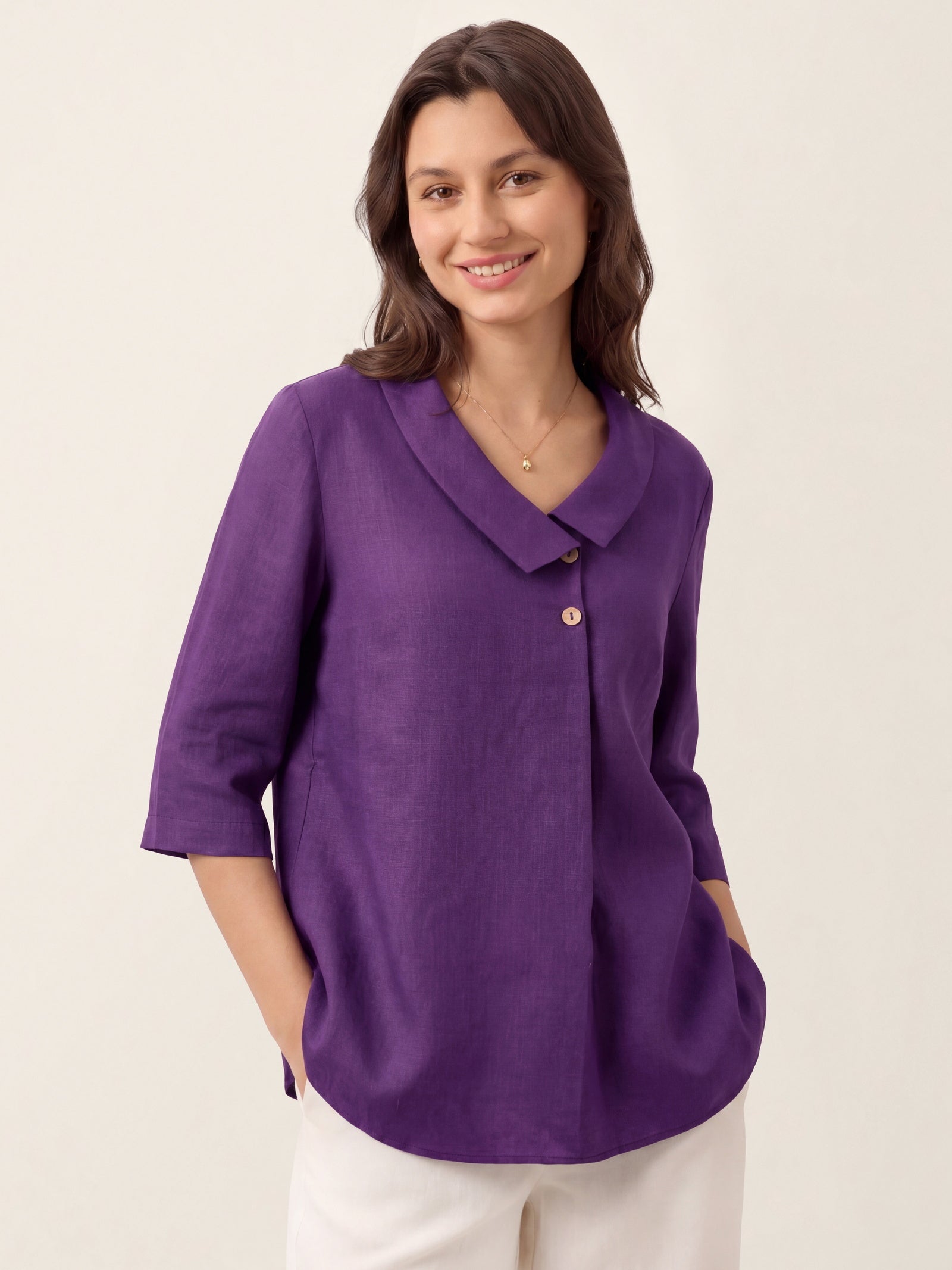 100% Linen Asymmetric Collar Inverted Pleat Top OTTILIE DestGlow