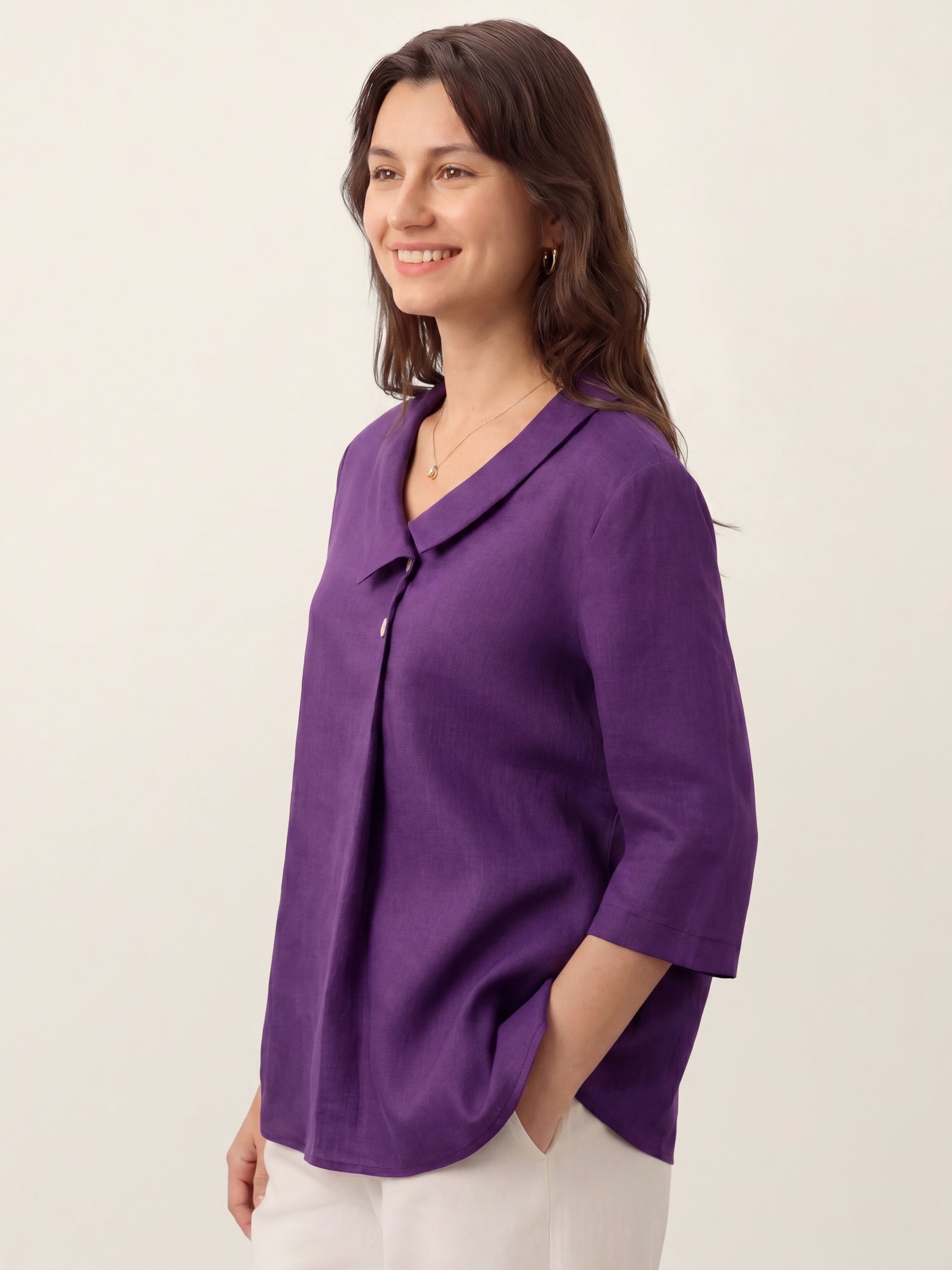 100% Linen Asymmetric Collar Inverted Pleat Top OTTILIE DestGlow
