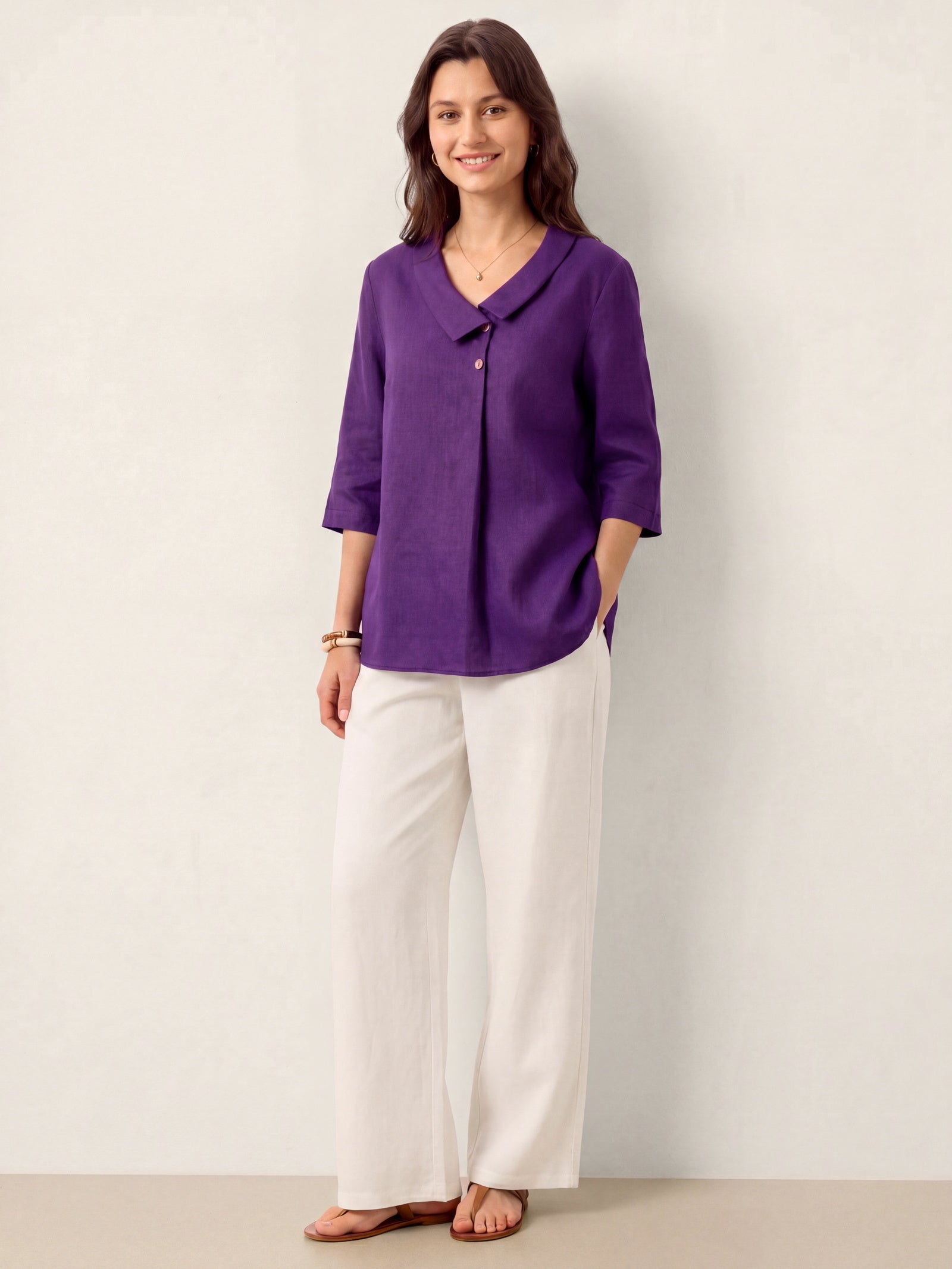 100% Linen Asymmetric Collar Inverted Pleat Top OTTILIE DestGlow