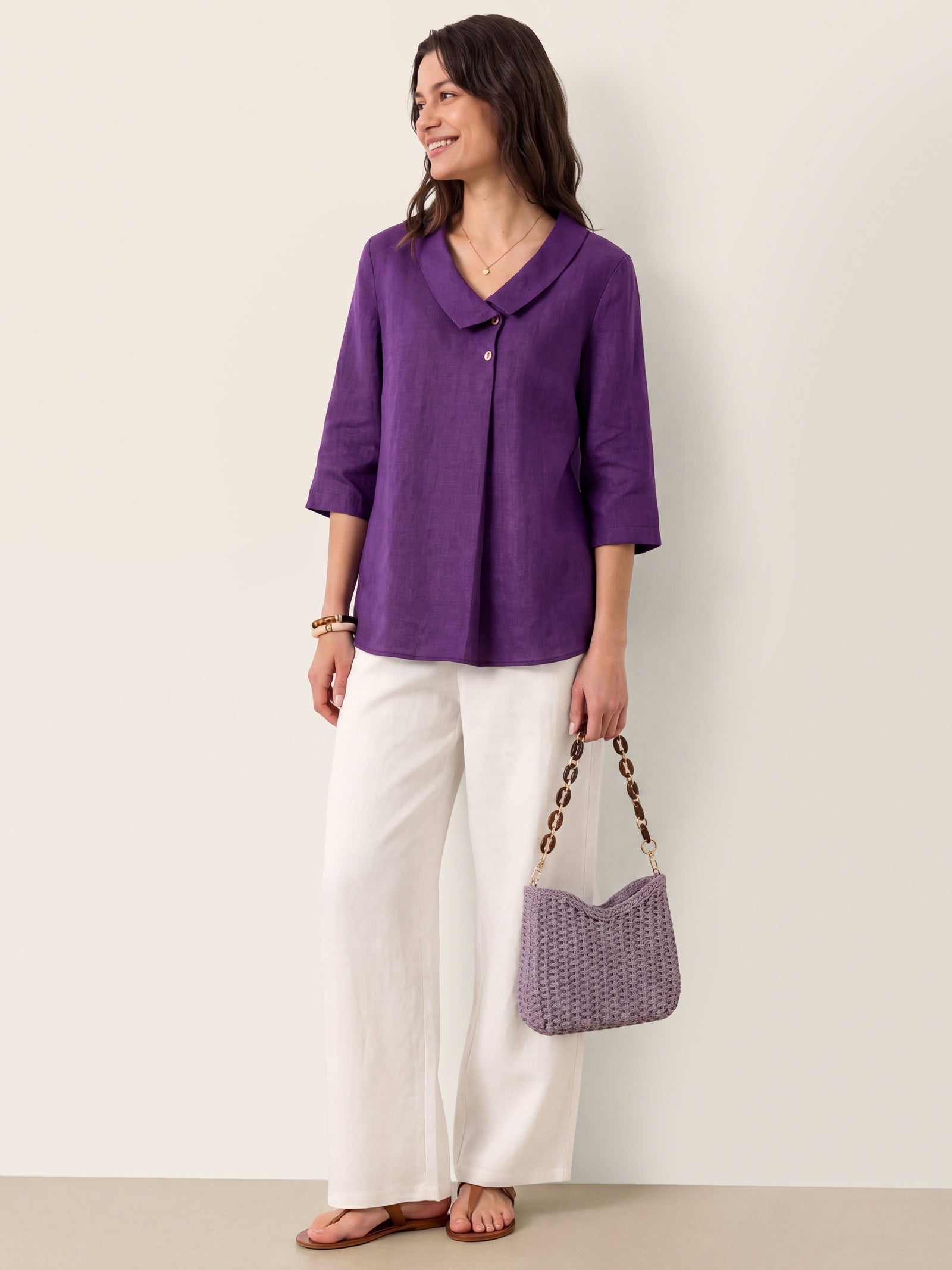100% Linen Asymmetric Collar Inverted Pleat Top OTTILIE DestGlow