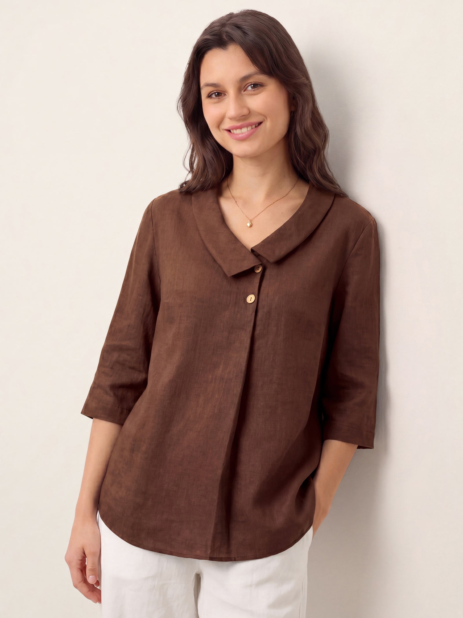 100% Linen Asymmetric Collar Inverted Pleat Top OTTILIE DestGlow