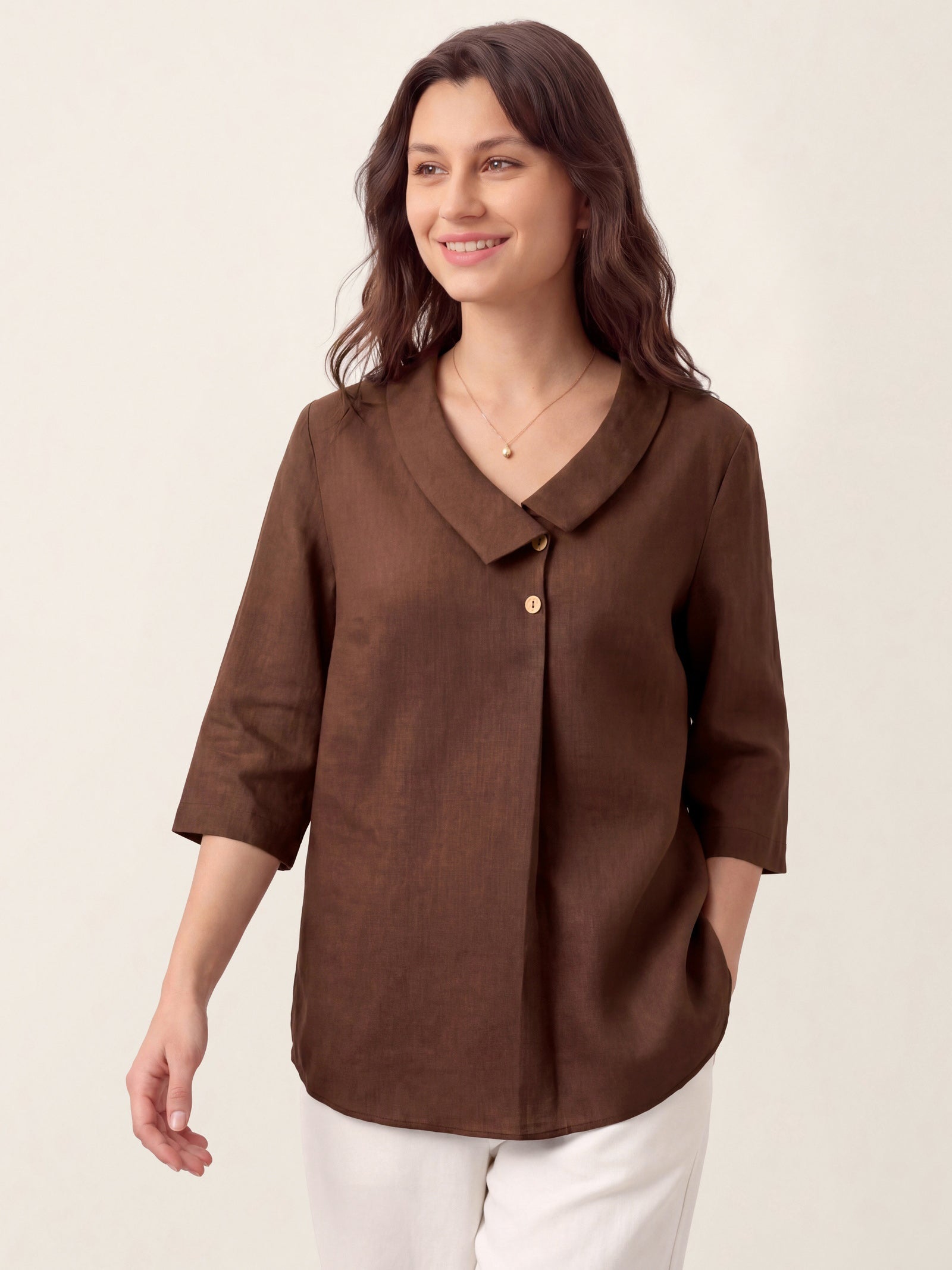 100% Linen Asymmetric Collar Inverted Pleat Top OTTILIE DestGlow