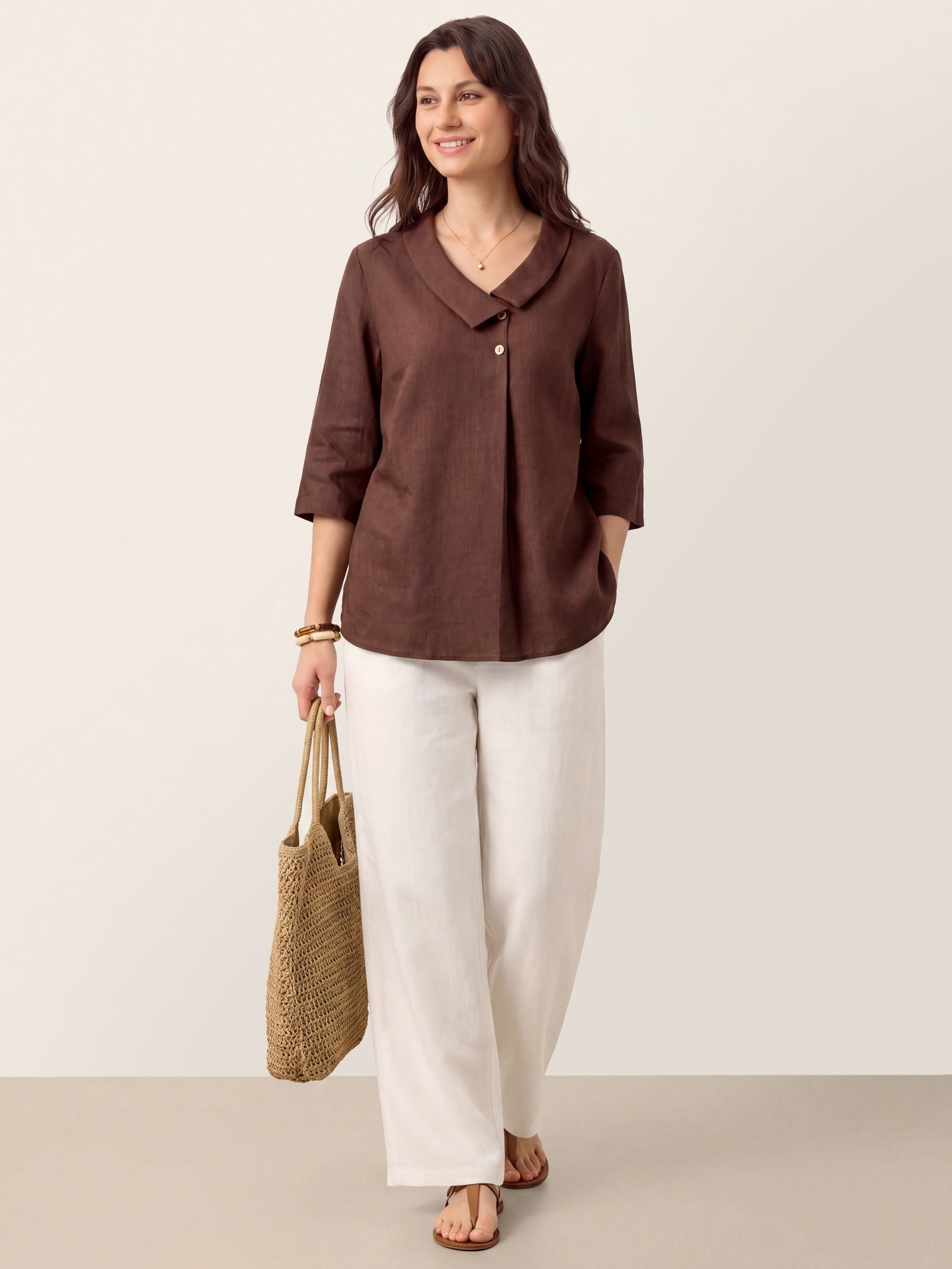 100% Linen Asymmetric Collar Inverted Pleat Top OTTILIE DestGlow