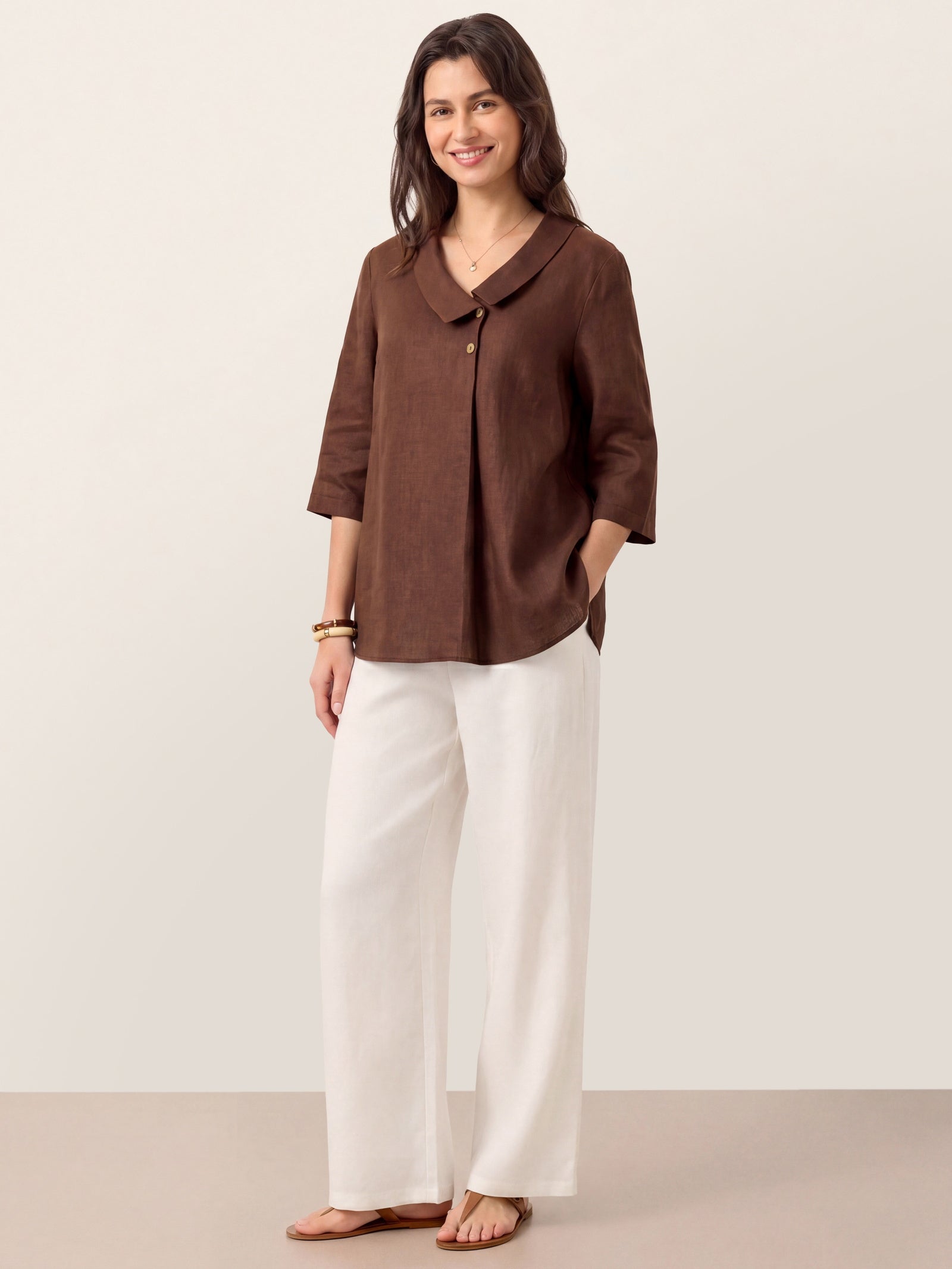 100% Linen Asymmetric Collar Inverted Pleat Top OTTILIE DestGlow