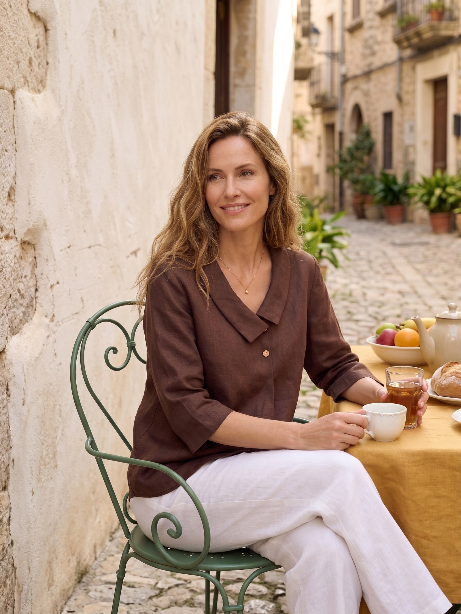 100% Linen Asymmetric Collar Inverted Pleat Top OTTILIE DestGlow