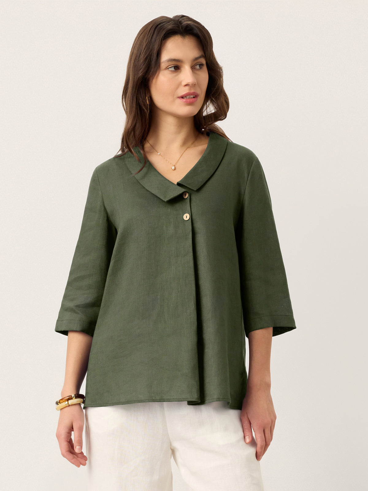 100% Linen Asymmetric Collar Inverted Pleat Top OTTILIE DestGlow