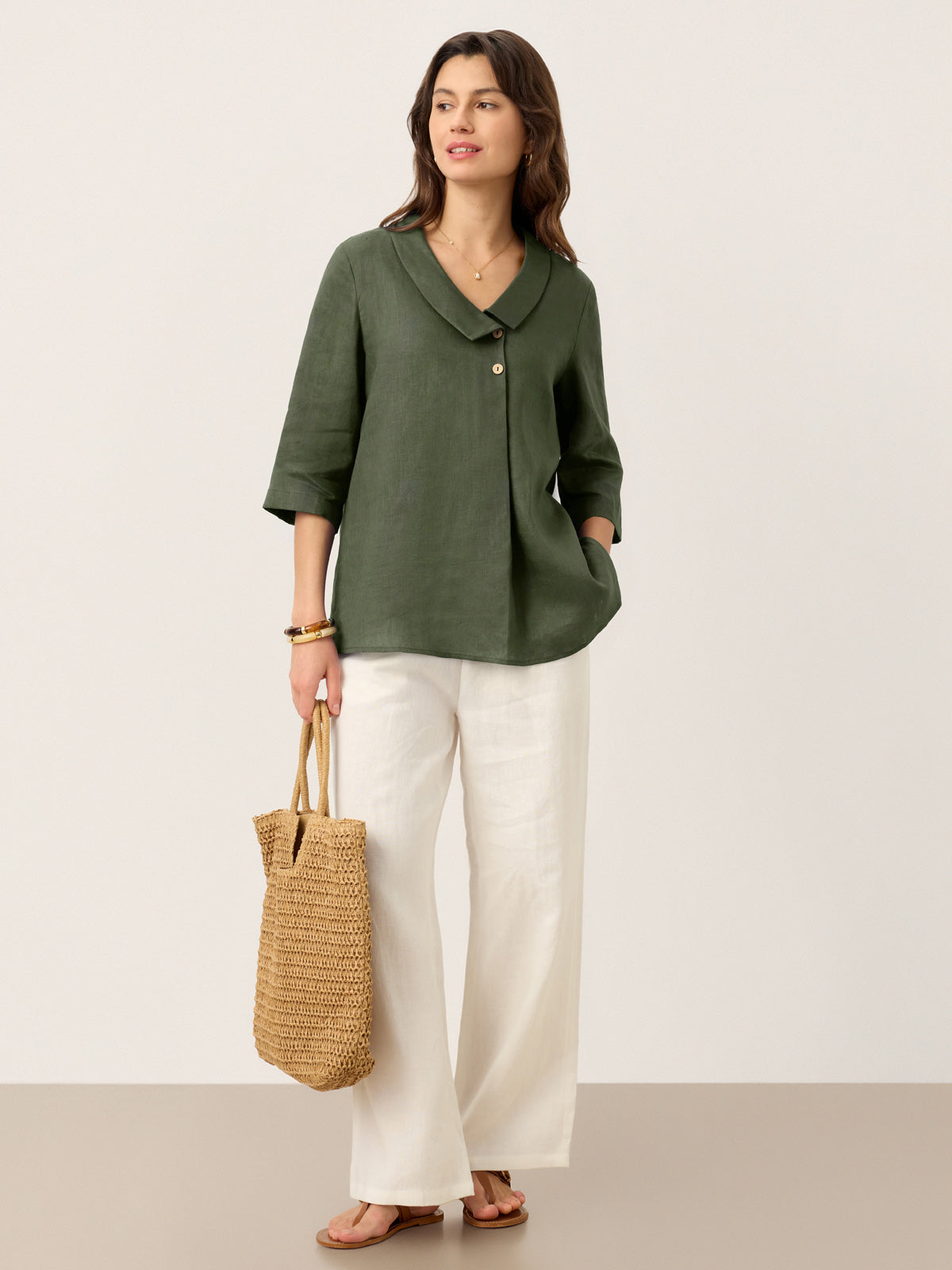 100% Linen Asymmetric Collar Inverted Pleat Top OTTILIE DestGlow