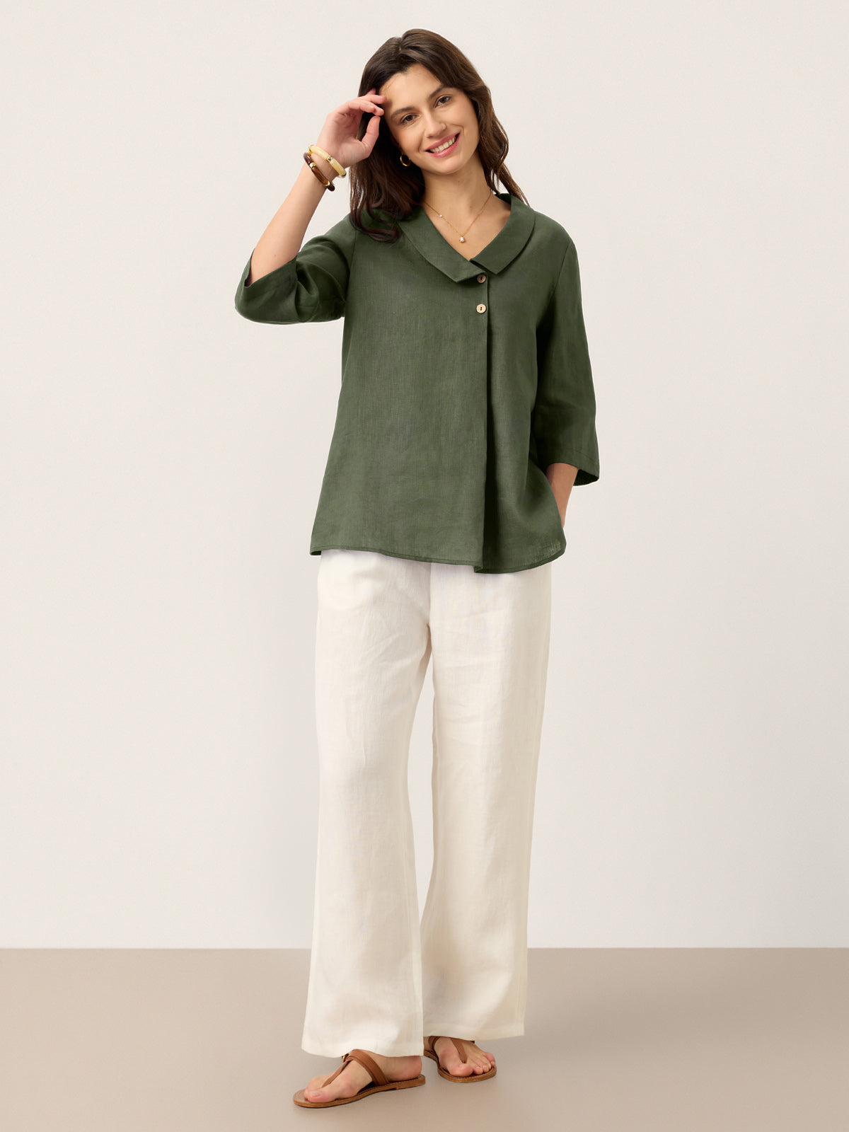 100% Linen Asymmetric Collar Inverted Pleat Top OTTILIE DestGlow