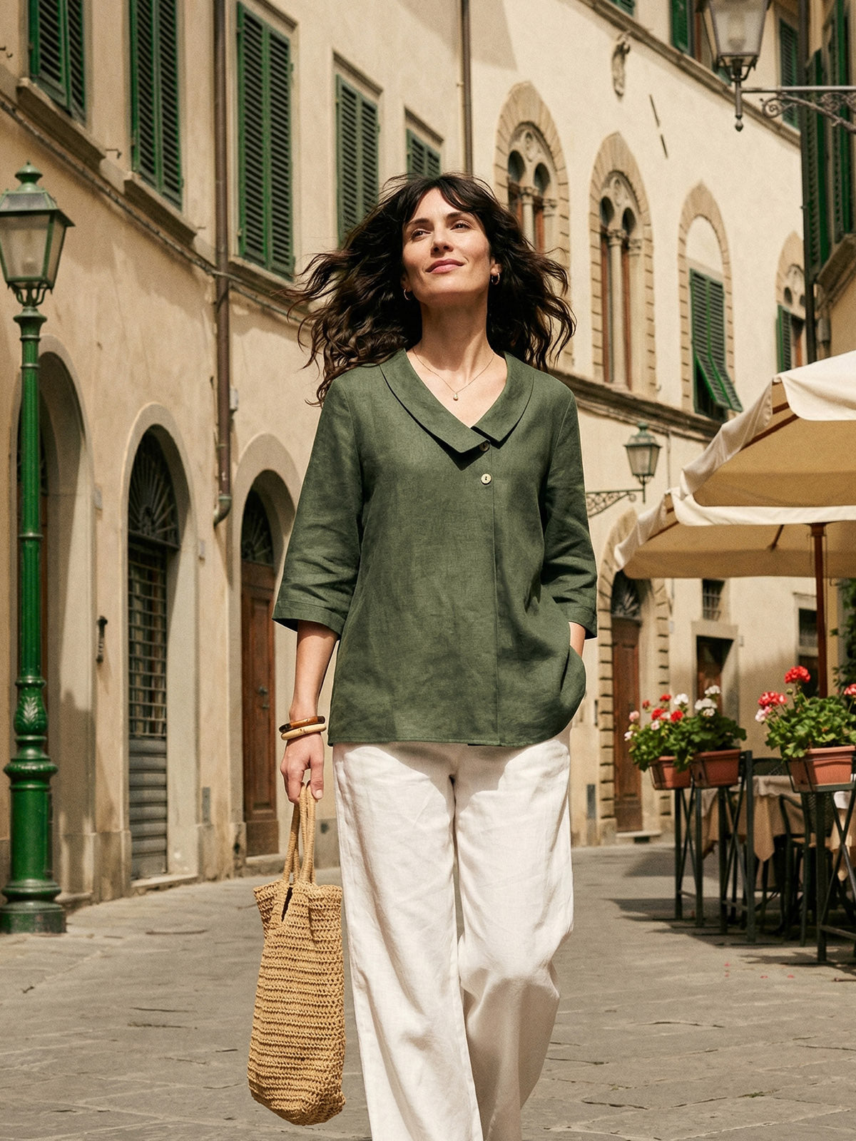 100% Linen Asymmetric Collar Inverted Pleat Top OTTILIE DestGlow