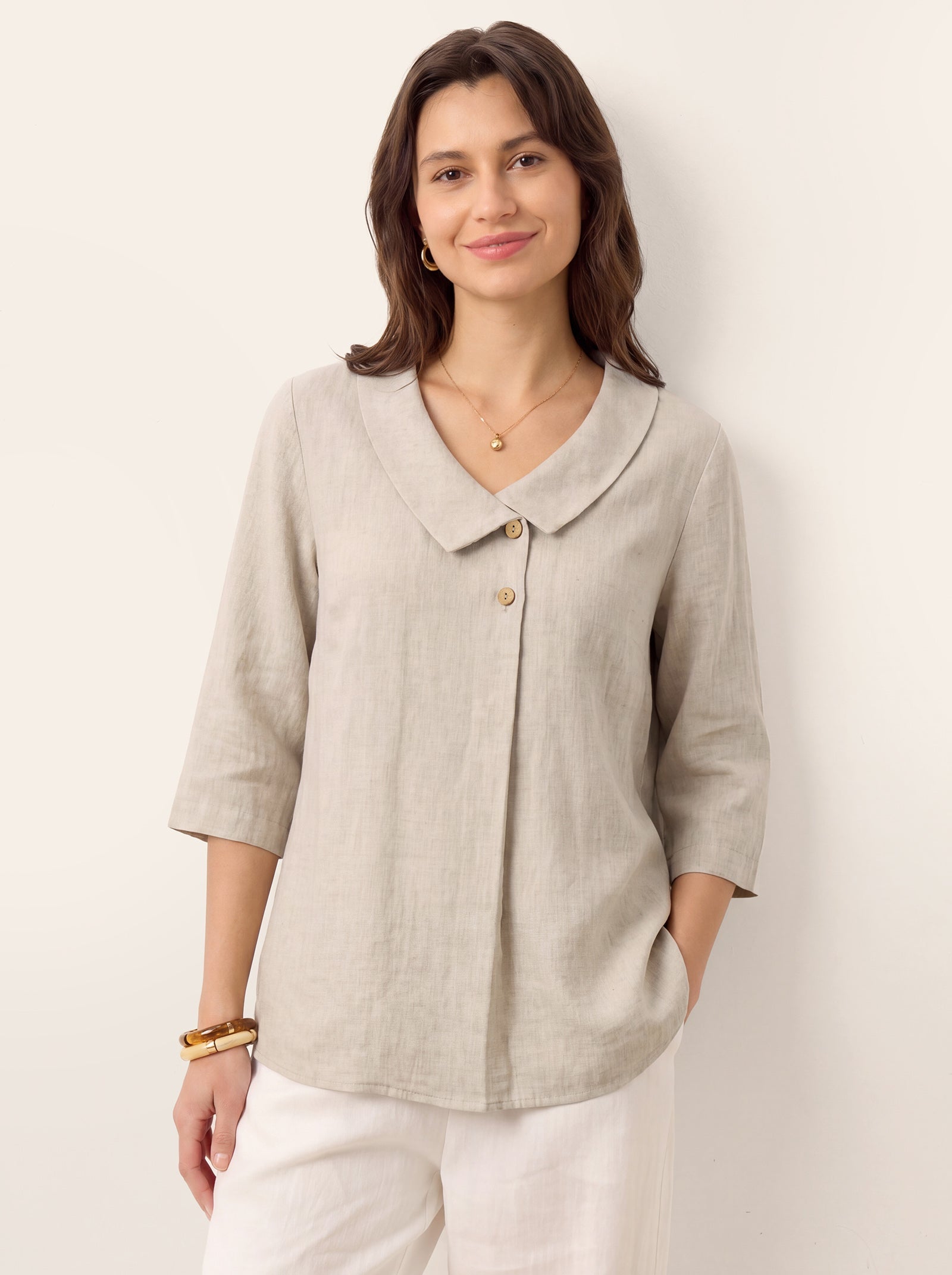 100% Linen Asymmetric Collar Inverted Pleat Top OTTILIE DestGlow
