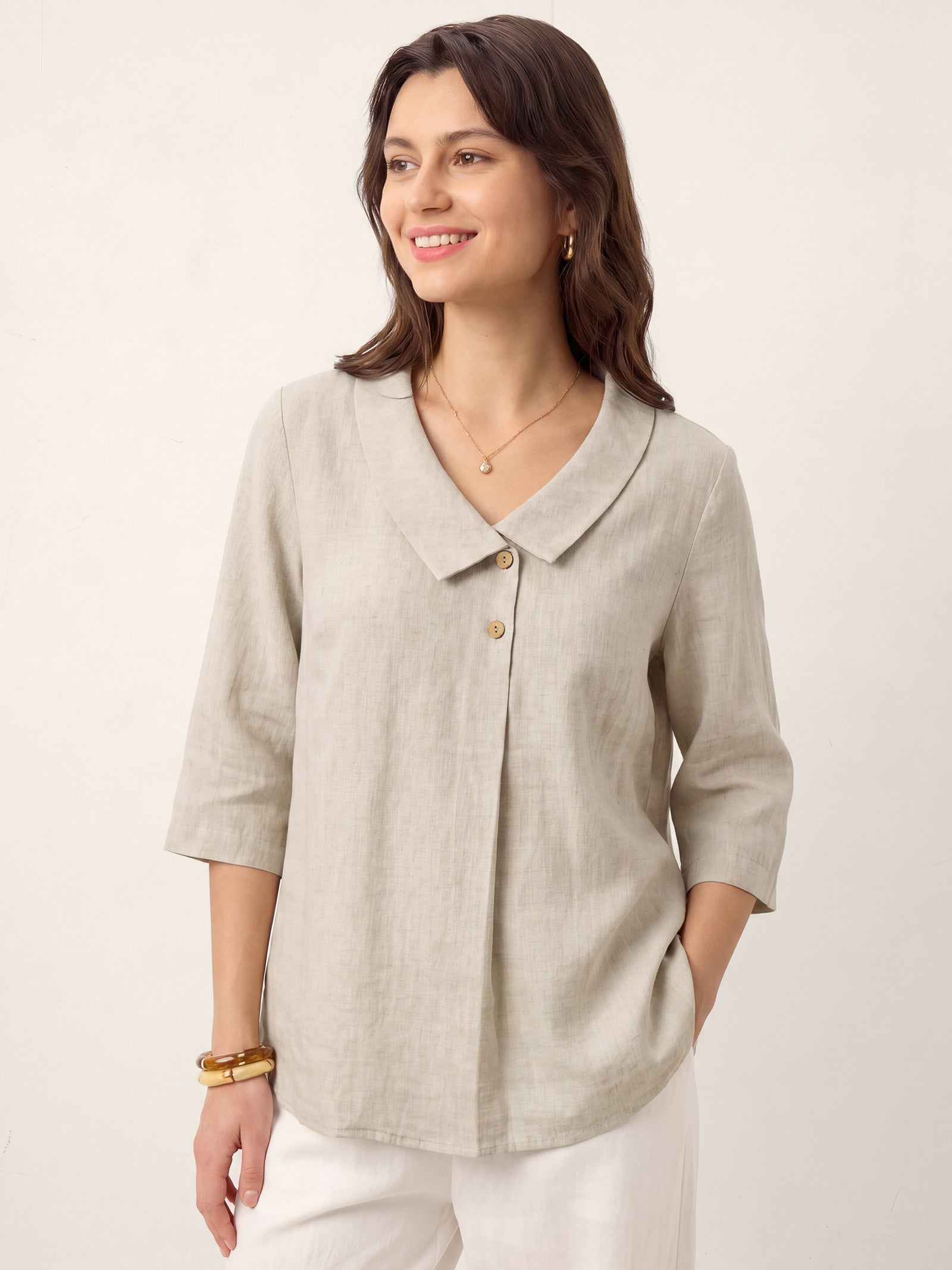100% Linen Asymmetric Collar Inverted Pleat Top OTTILIE DestGlow