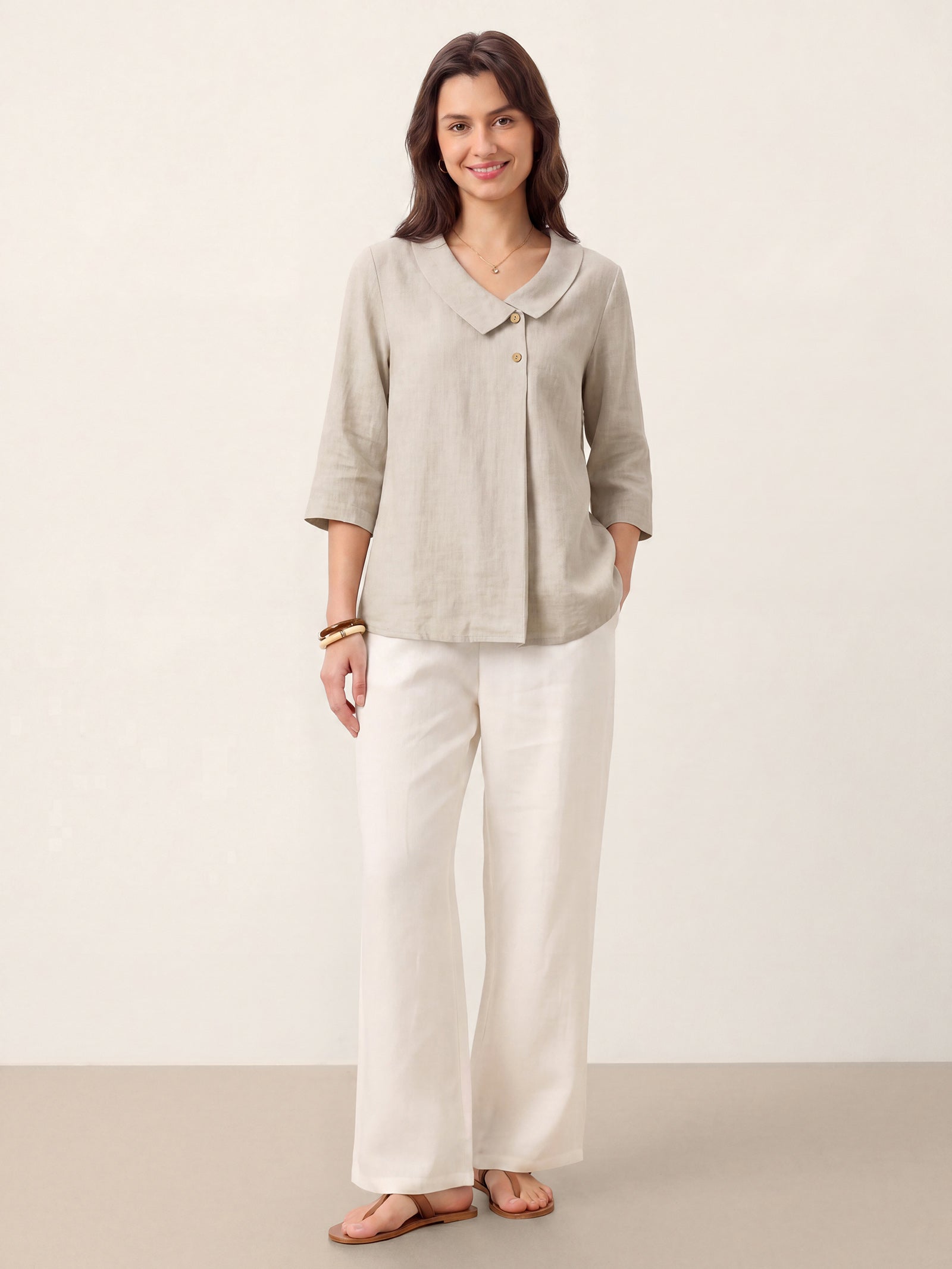 100% Linen Asymmetric Collar Inverted Pleat Top OTTILIE DestGlow