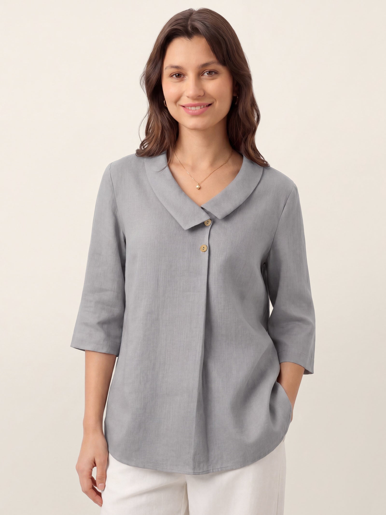 100% Linen Asymmetric Collar Inverted Pleat Top OTTILIE DestGlow