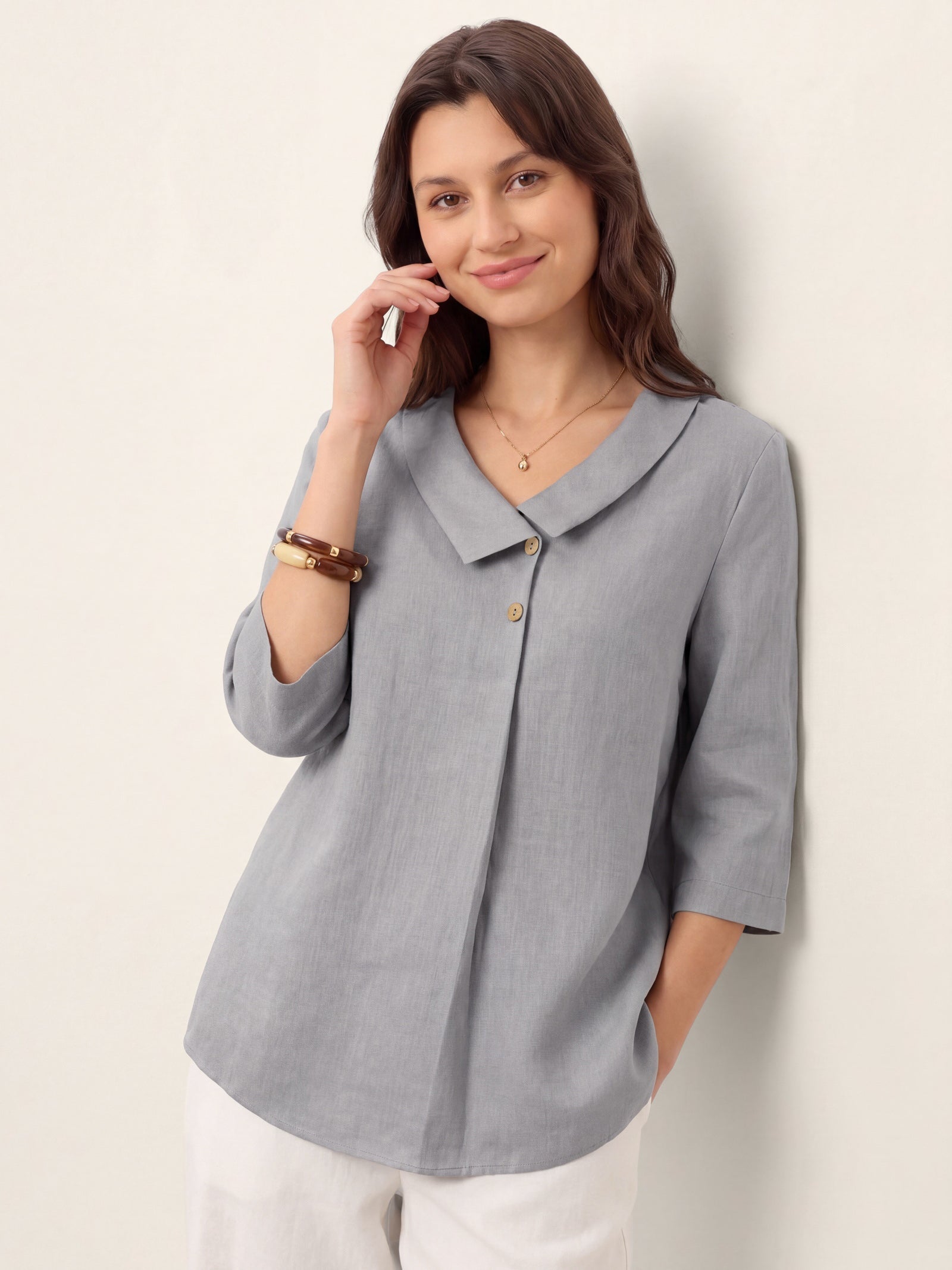 100% Linen Asymmetric Collar Inverted Pleat Top OTTILIE DestGlow