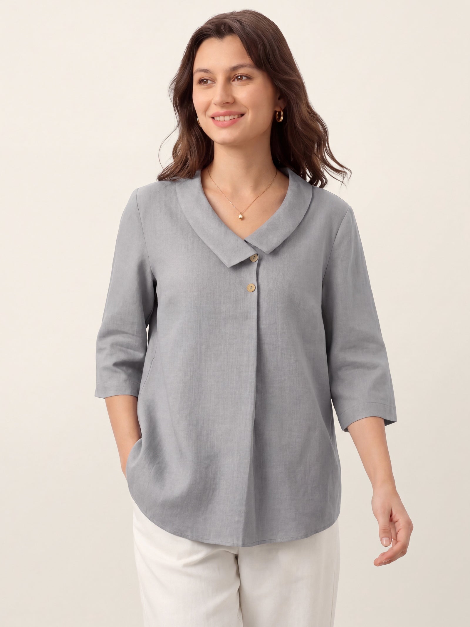 100% Linen Asymmetric Collar Inverted Pleat Top OTTILIE DestGlow