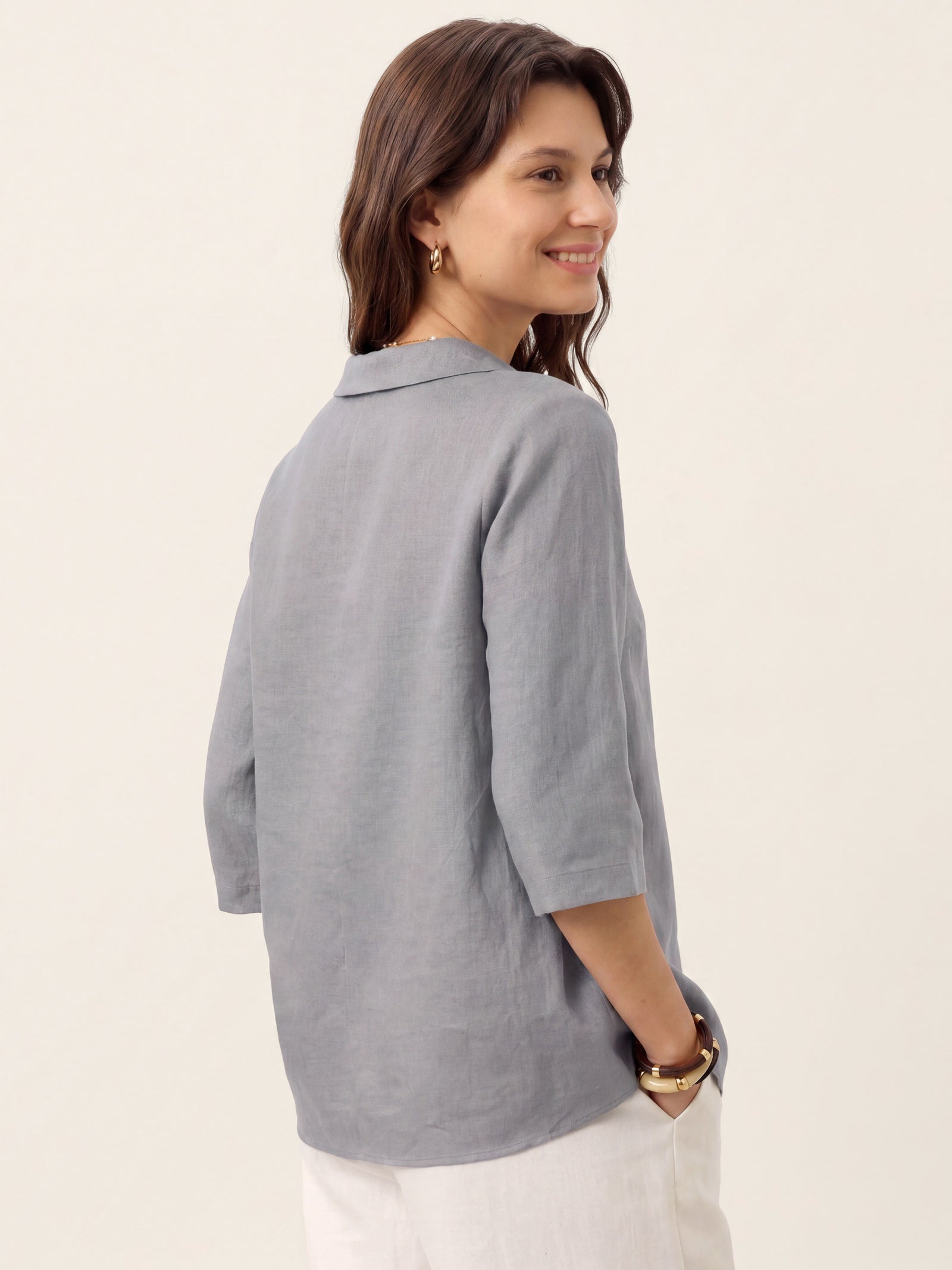100% Linen Asymmetric Collar Inverted Pleat Top OTTILIE DestGlow