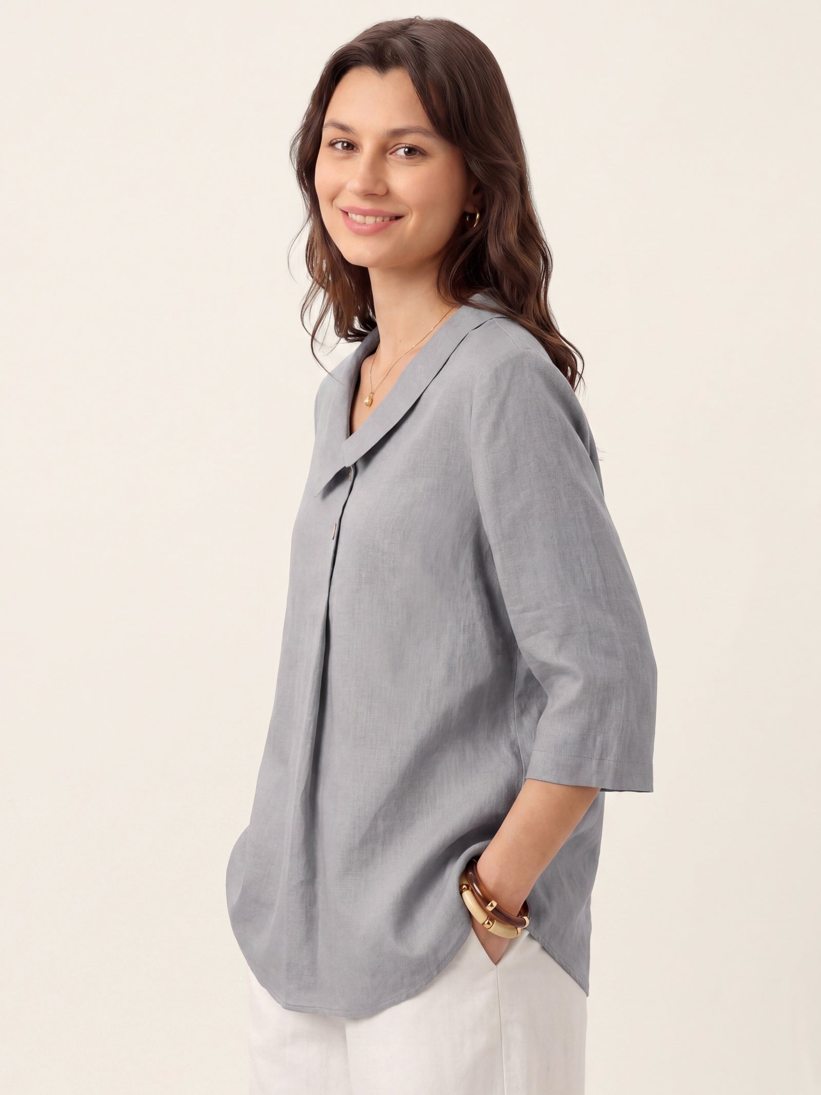 100% Linen Asymmetric Collar Inverted Pleat Top OTTILIE DestGlow