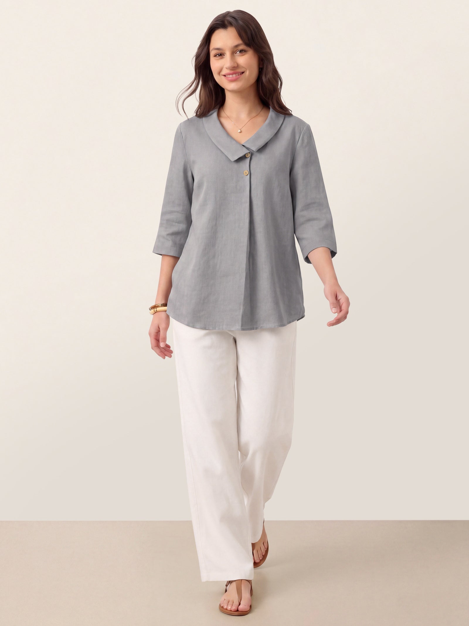 100% Linen Asymmetric Collar Inverted Pleat Top OTTILIE DestGlow