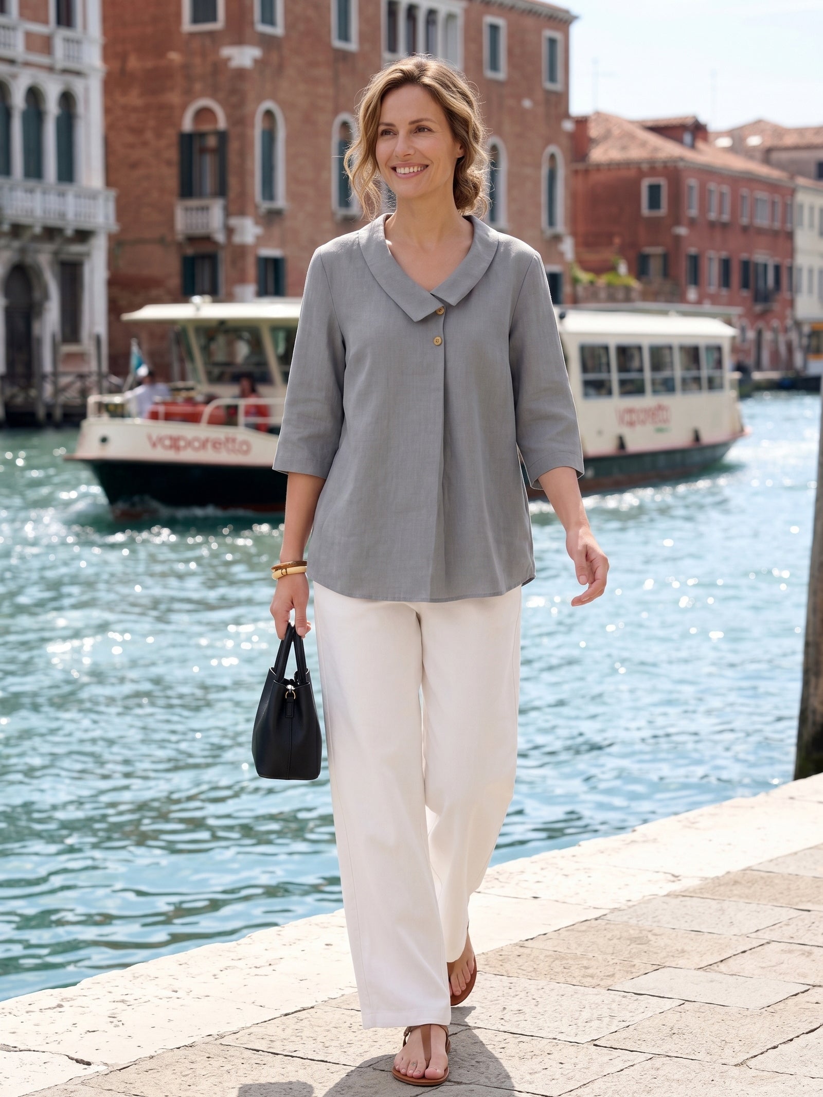 100% Linen Asymmetric Collar Inverted Pleat Top OTTILIE DestGlow