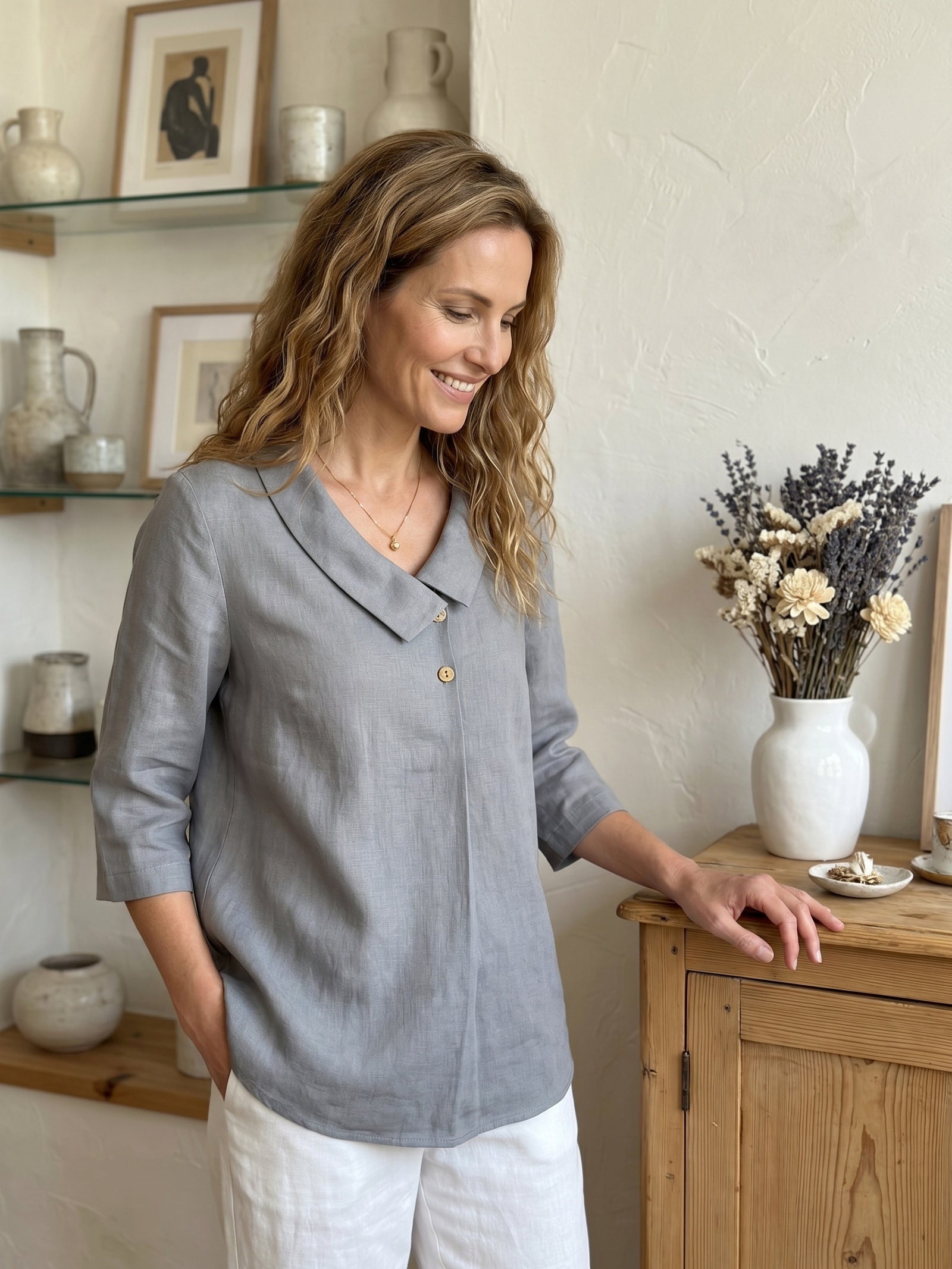 100% Linen Asymmetric Collar Inverted Pleat Top OTTILIE DestGlow