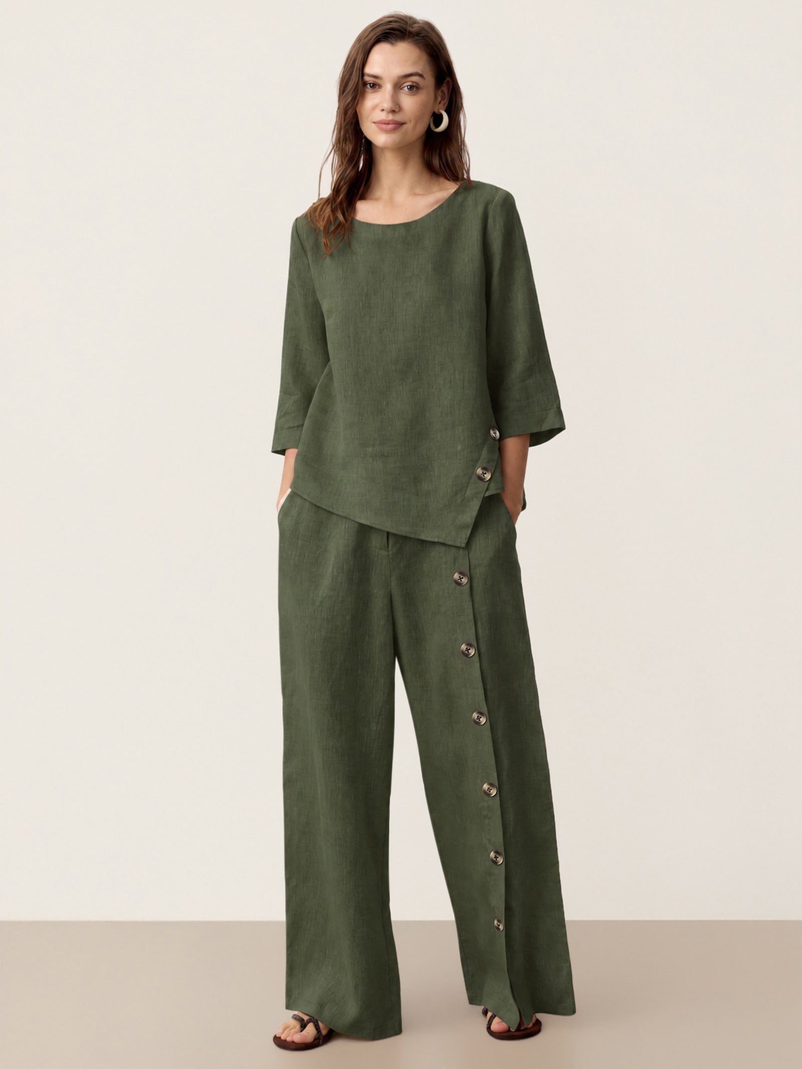 100% Linen Asymmetric-Hem Button-Trim Top NYLA DestGlow