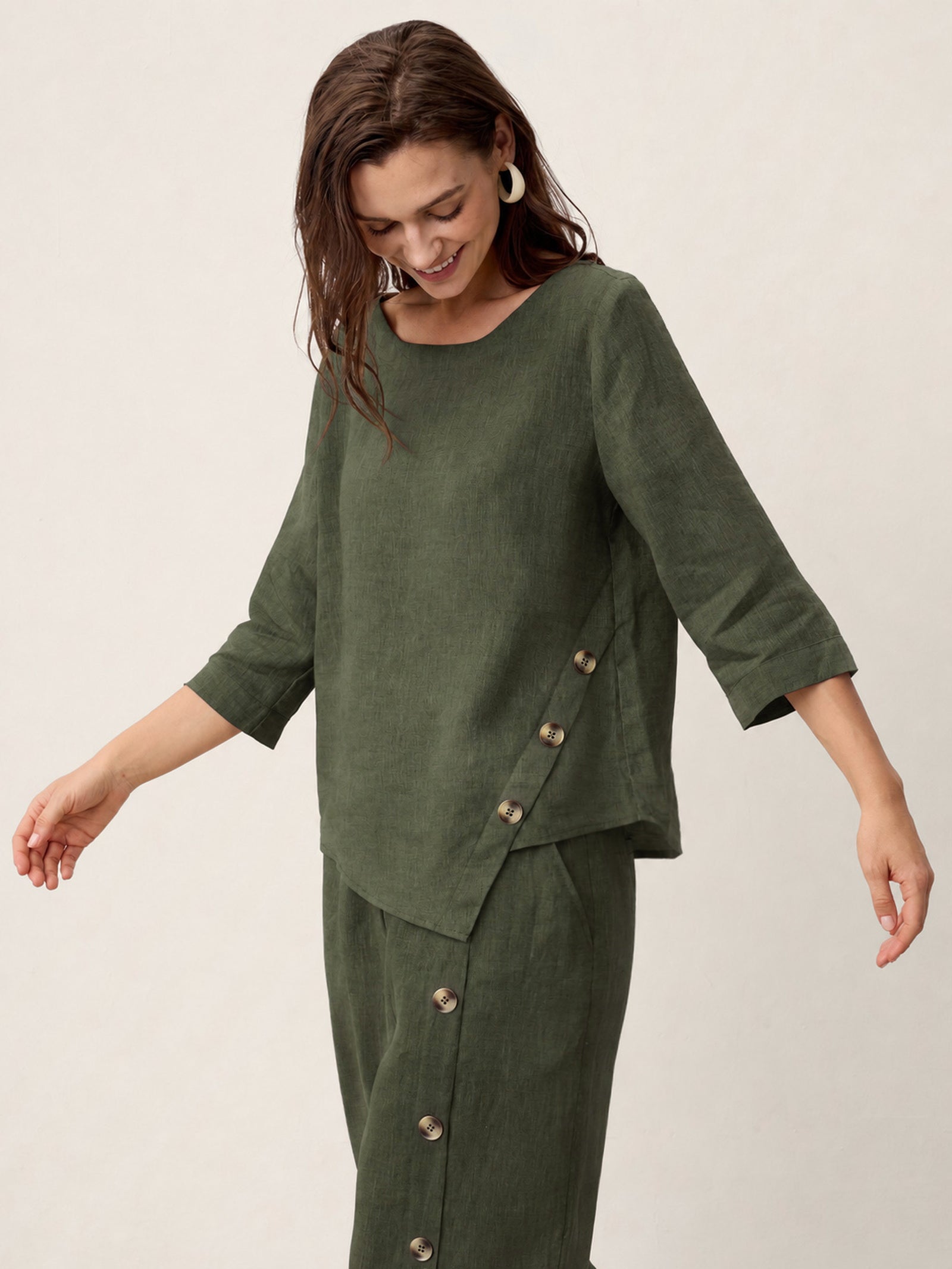 100% Linen Asymmetric-Hem Button-Trim Top NYLA DestGlow