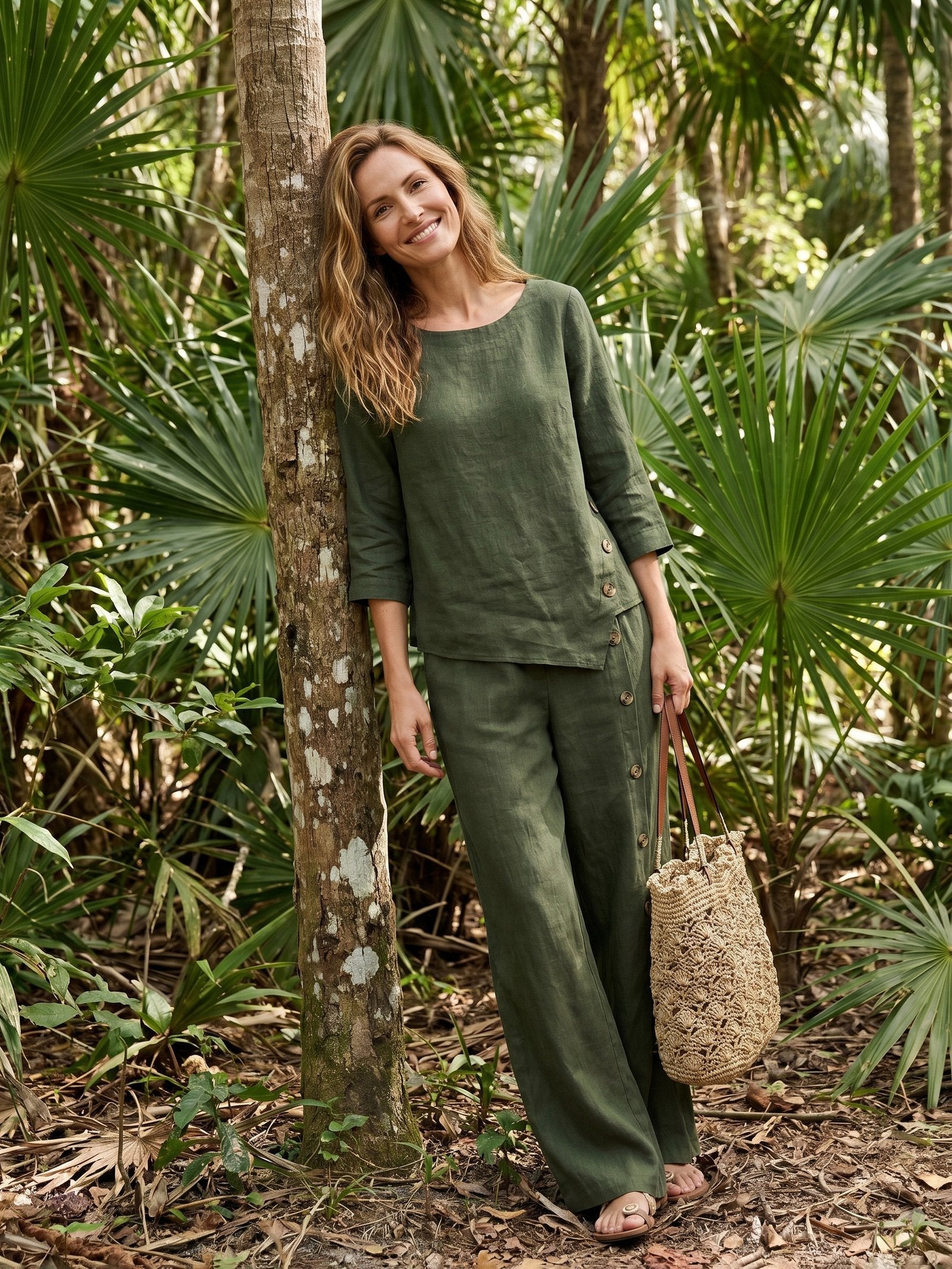 100% Linen Asymmetric-Hem Button-Trim Top NYLA DestGlow