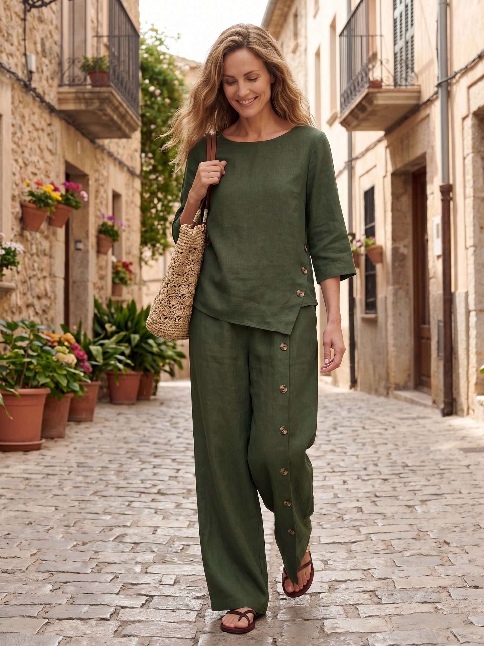 100% Linen Asymmetric-Hem Button-Trim Top NYLA DestGlow