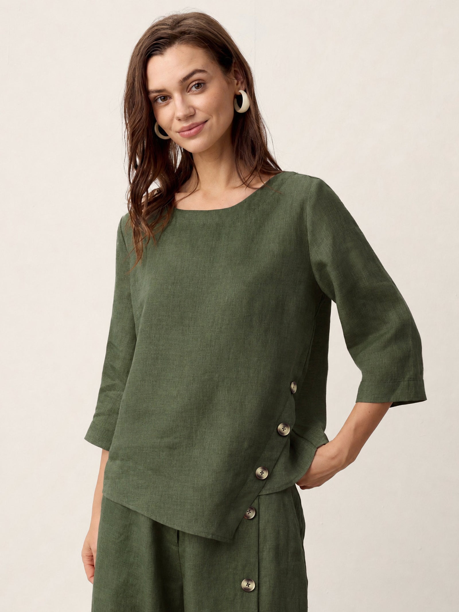 100% Linen Asymmetric-Hem Button-Trim Top NYLA DestGlow