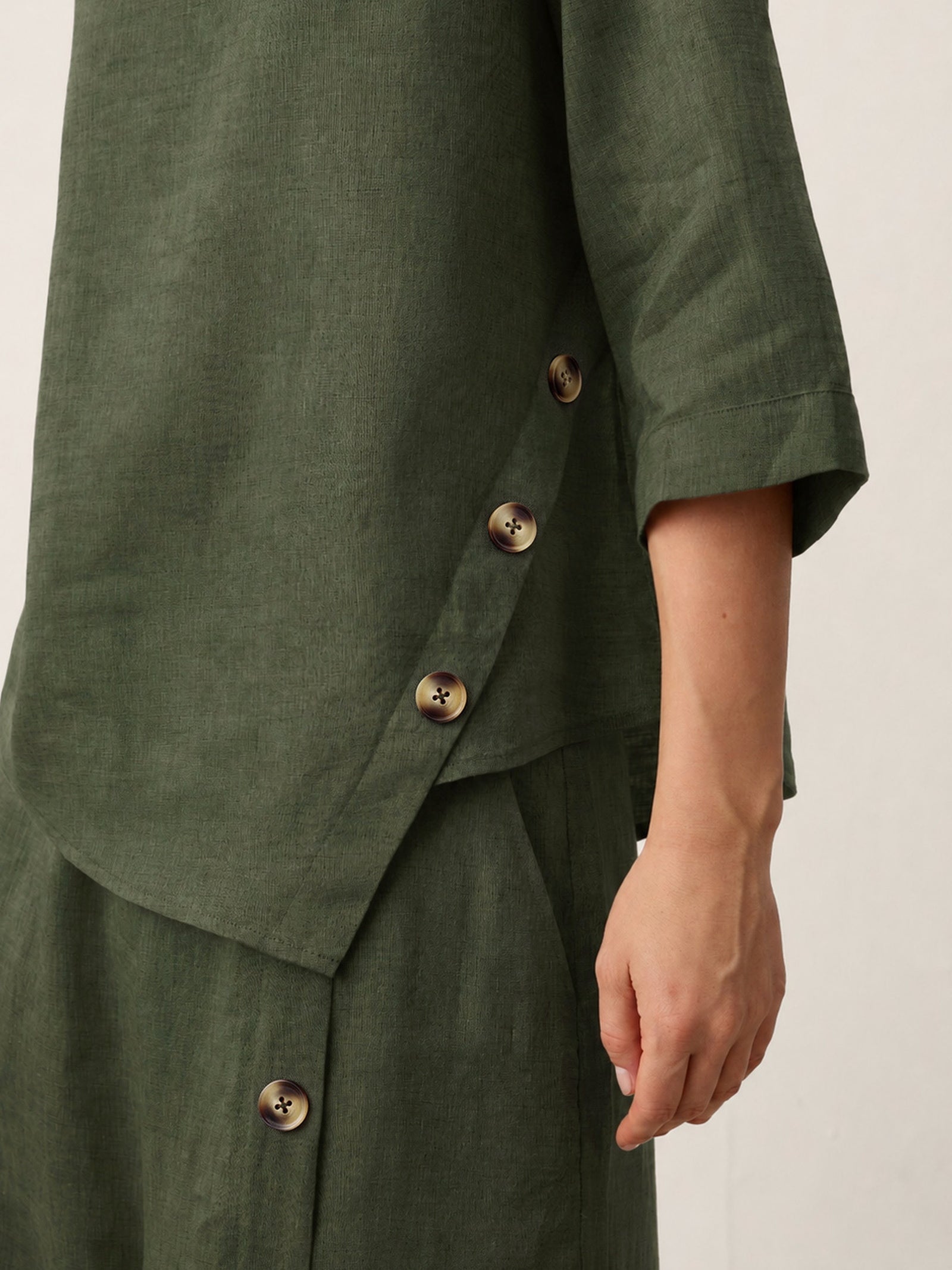 100% Linen Asymmetric-Hem Button-Trim Top NYLA DestGlow