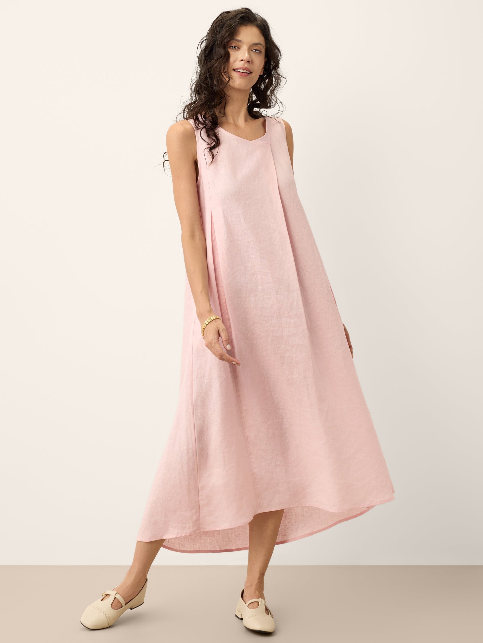 100% Linen Asymmetric Pleat A-Line Midi Dress KARINA by LINTICO