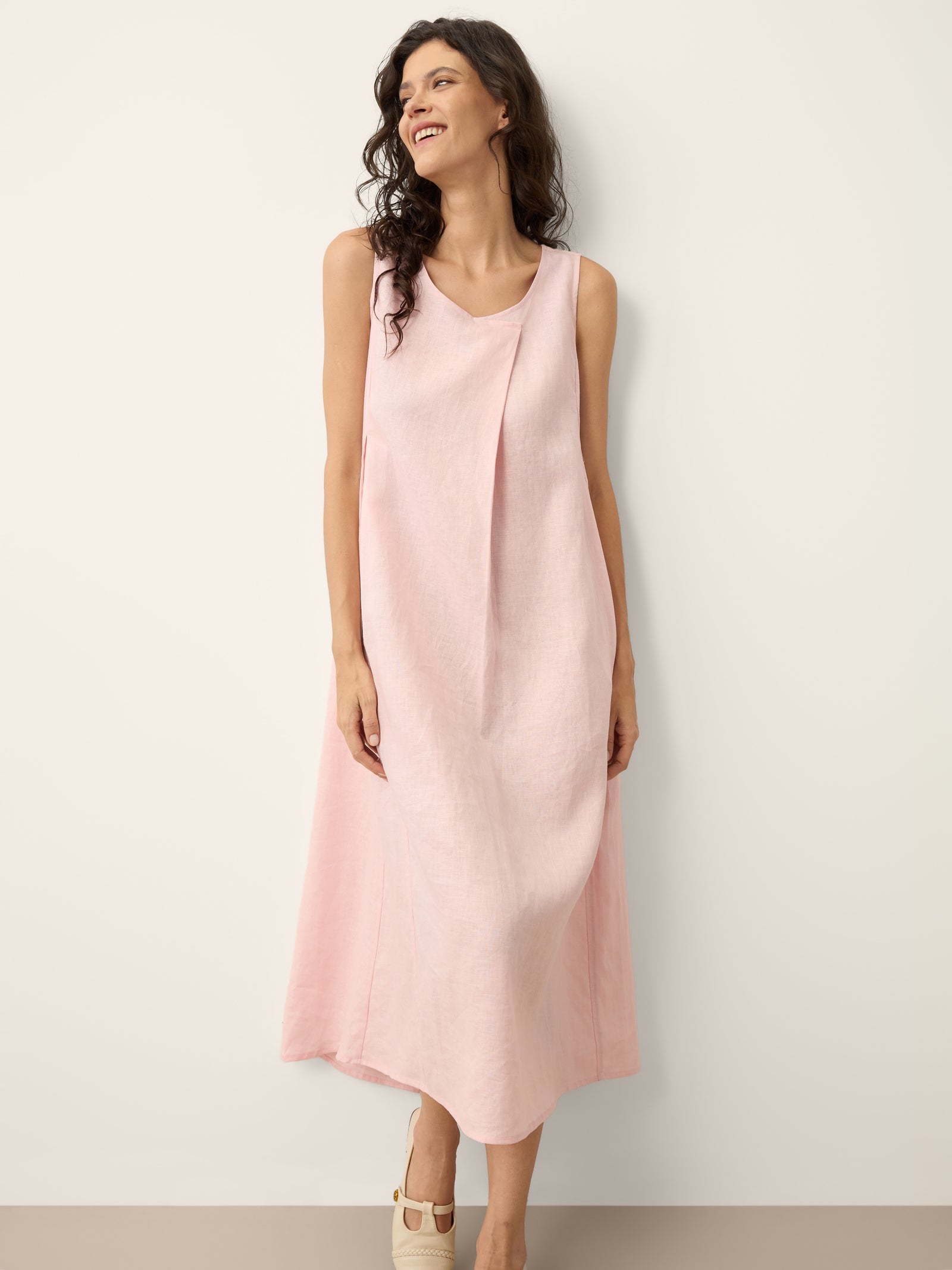 100% Linen Asymmetric Pleat A-Line Midi Dress KARINA by LINTICO