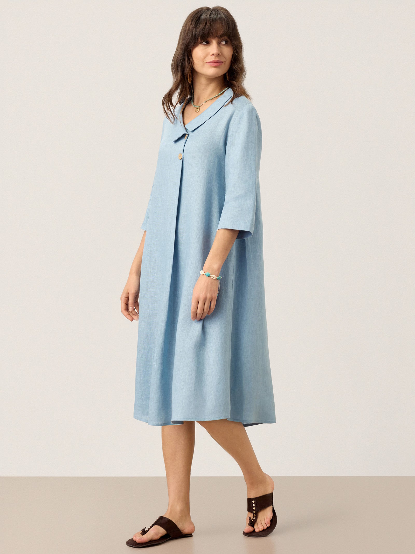 100% Linen Asymmetric Shawl Collar A-Line Midi Dress WINIFRED by LINTICO