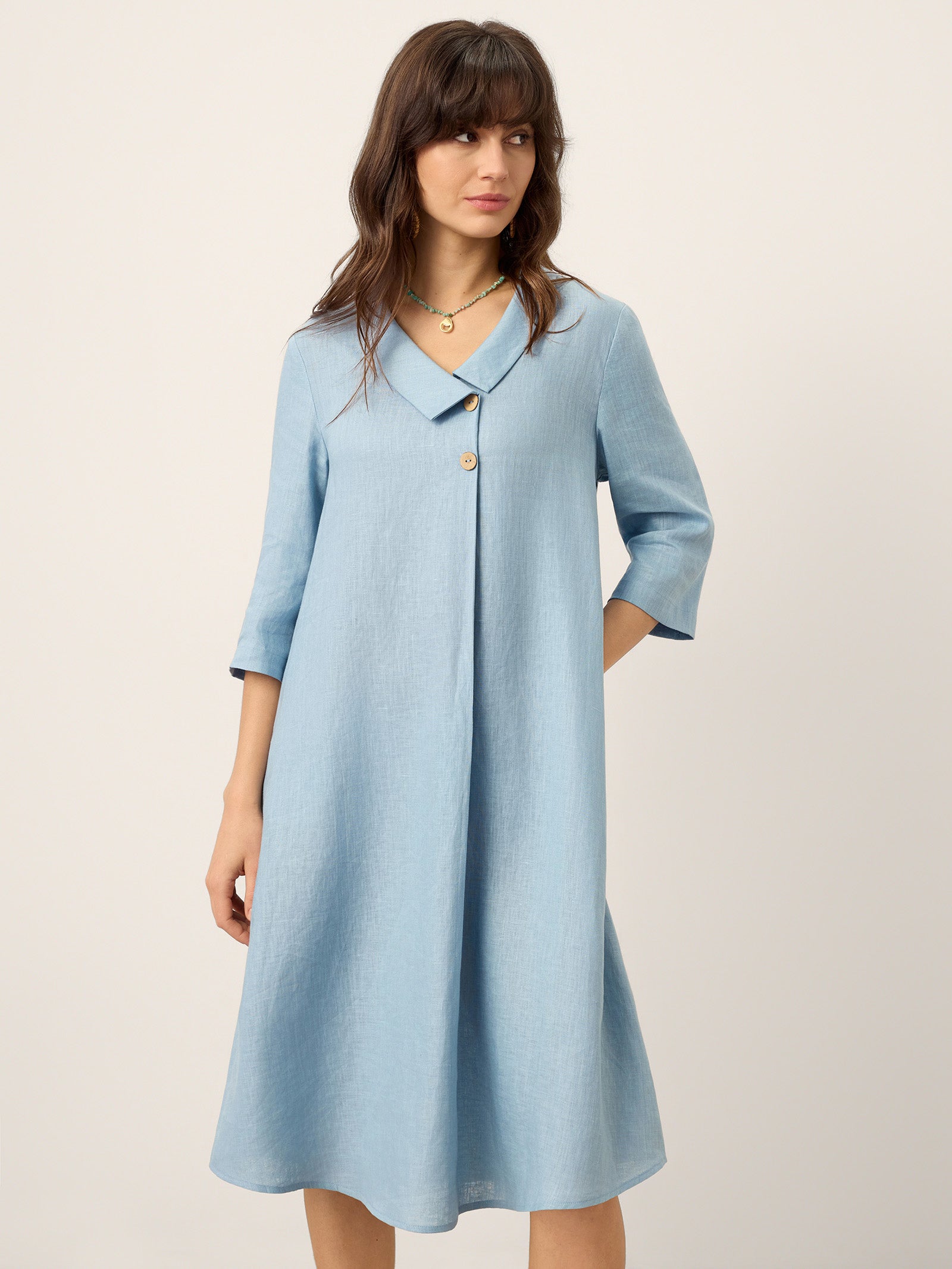 100% Linen Asymmetric Shawl Collar A-Line Midi Dress WINIFRED by LINTICO