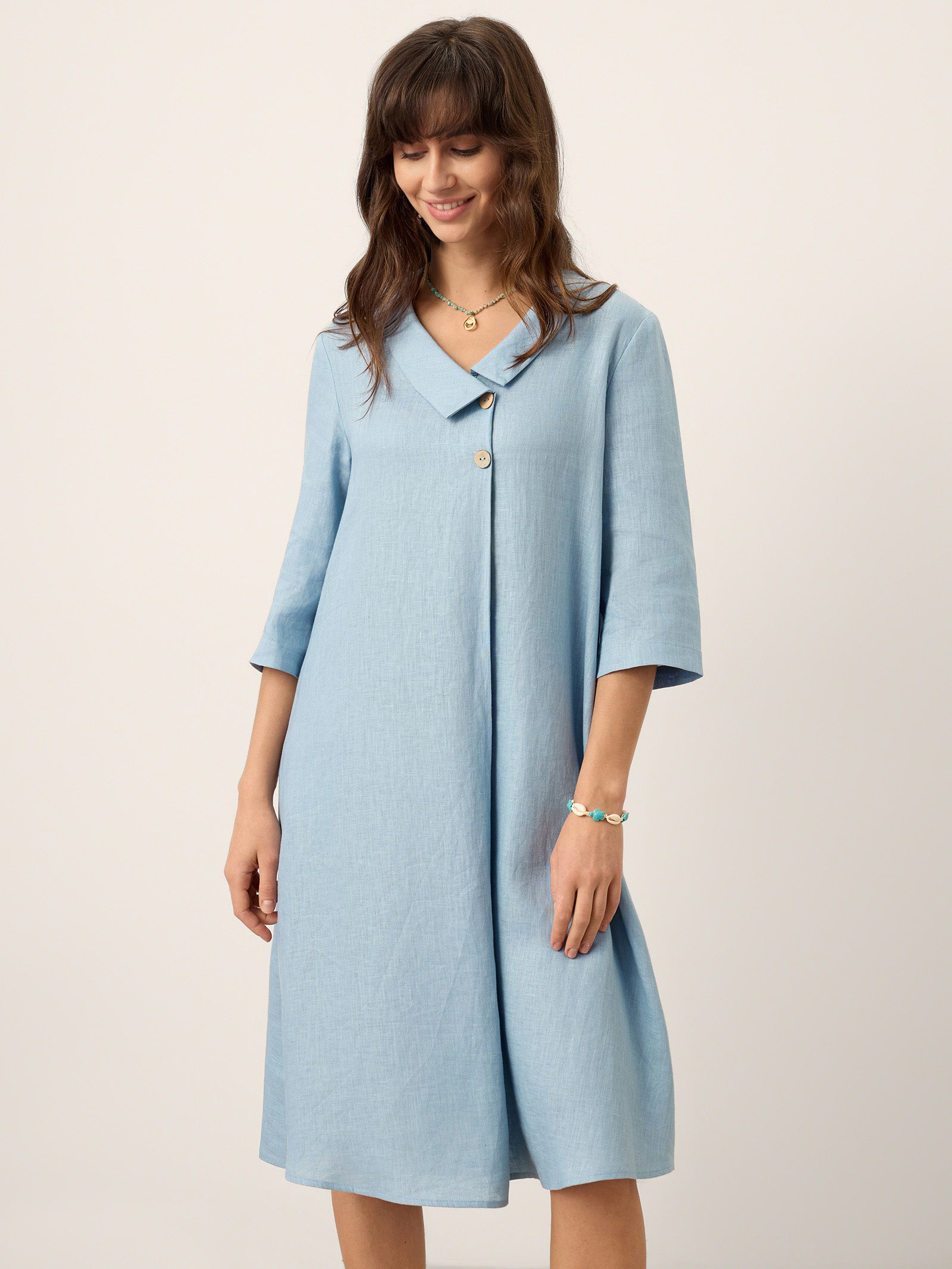 100% Linen Asymmetric Shawl Collar A-Line Midi Dress WINIFRED by LINTICO