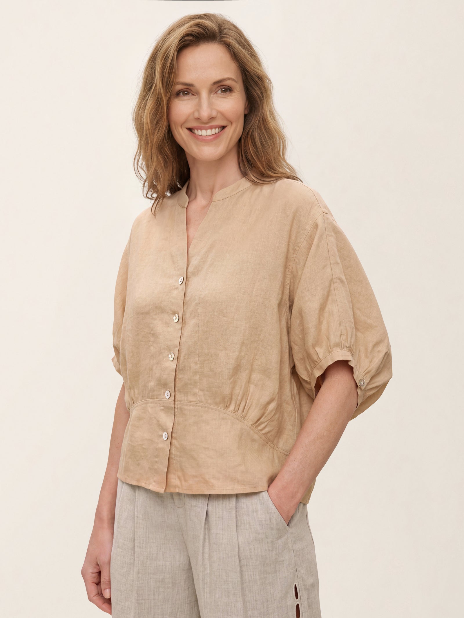 100% Linen Batwing Sleeve Peplum Shirt MIRELLA DestGlow