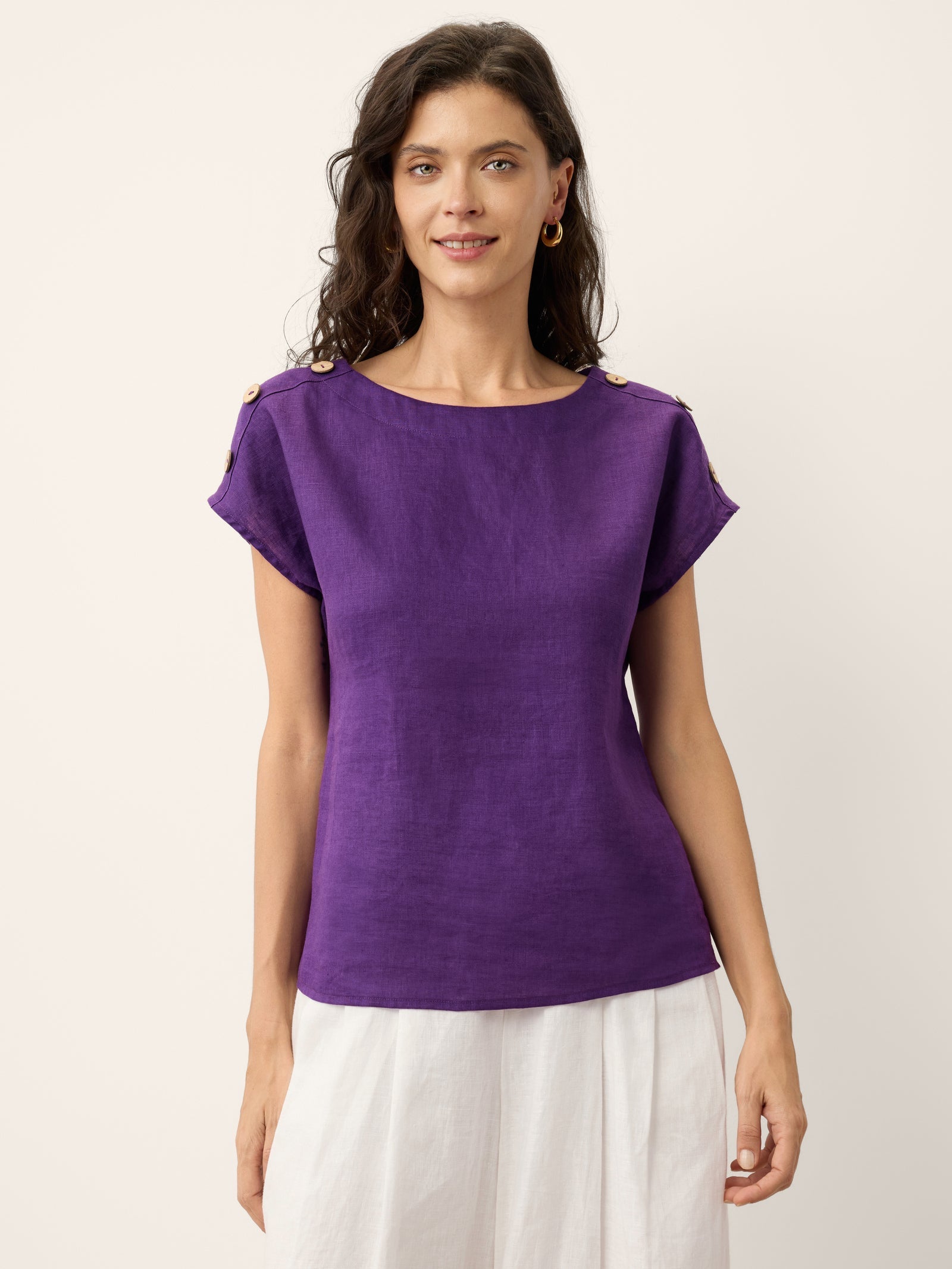 100% Linen Round Neck Button Detail Top ISABELLE DestGlow