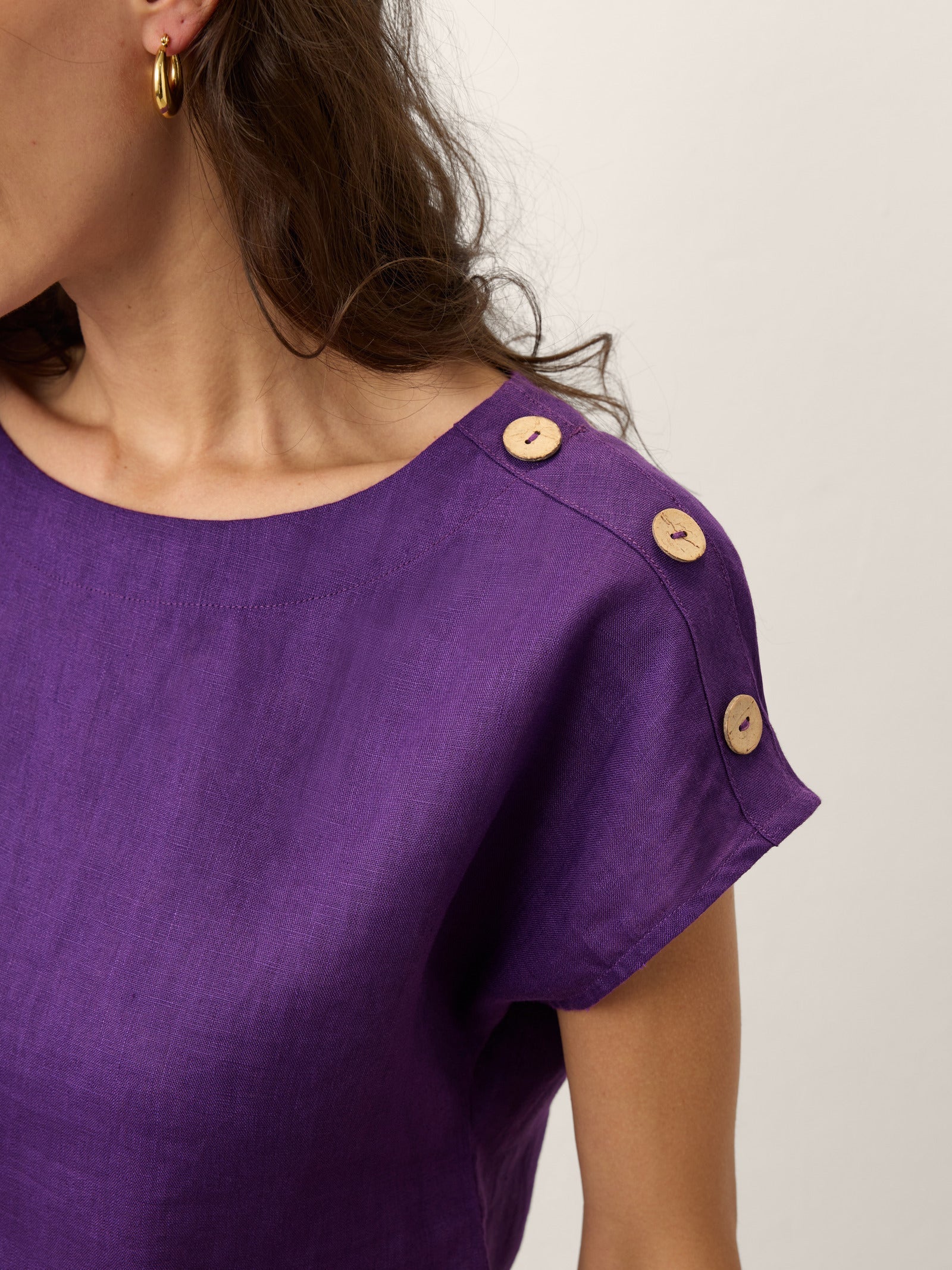 100% Linen Round Neck Button Detail Top ISABELLE DestGlow
